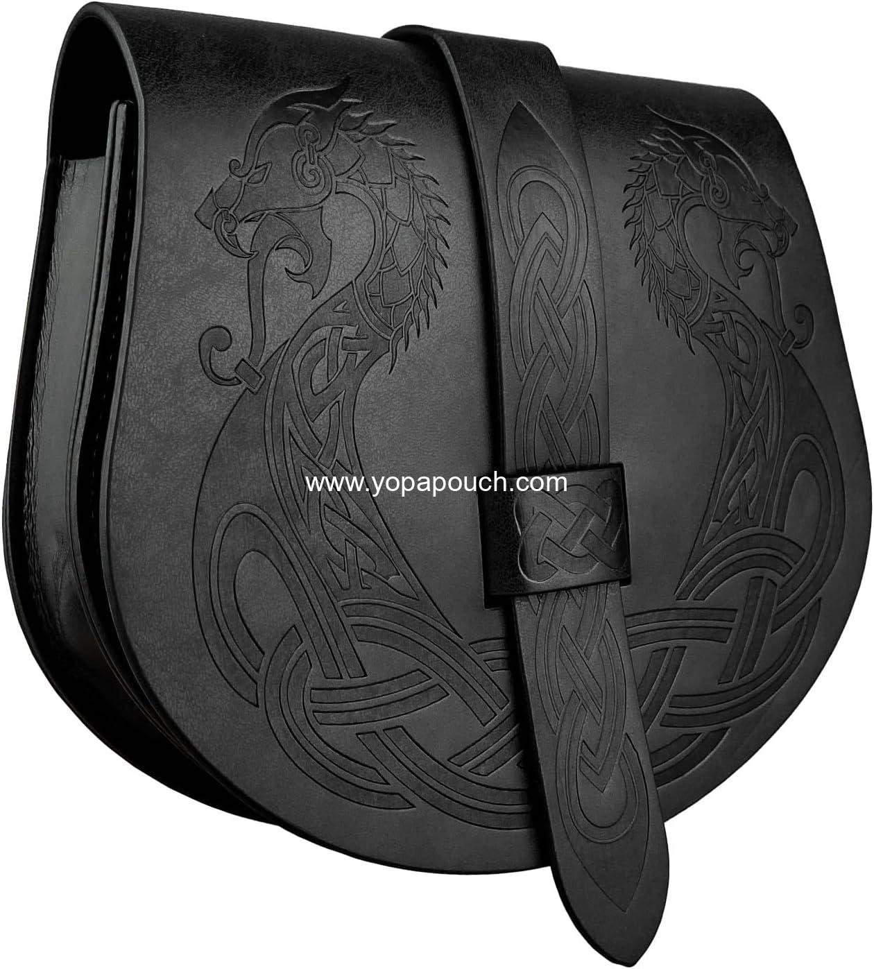 Wholesale Viking Embossed Langskip Belt Pouch, Medieval Faux Leather Flap Saddle Side Bag Purses, Retro Portable Belt Bag (Black A) - Supplier