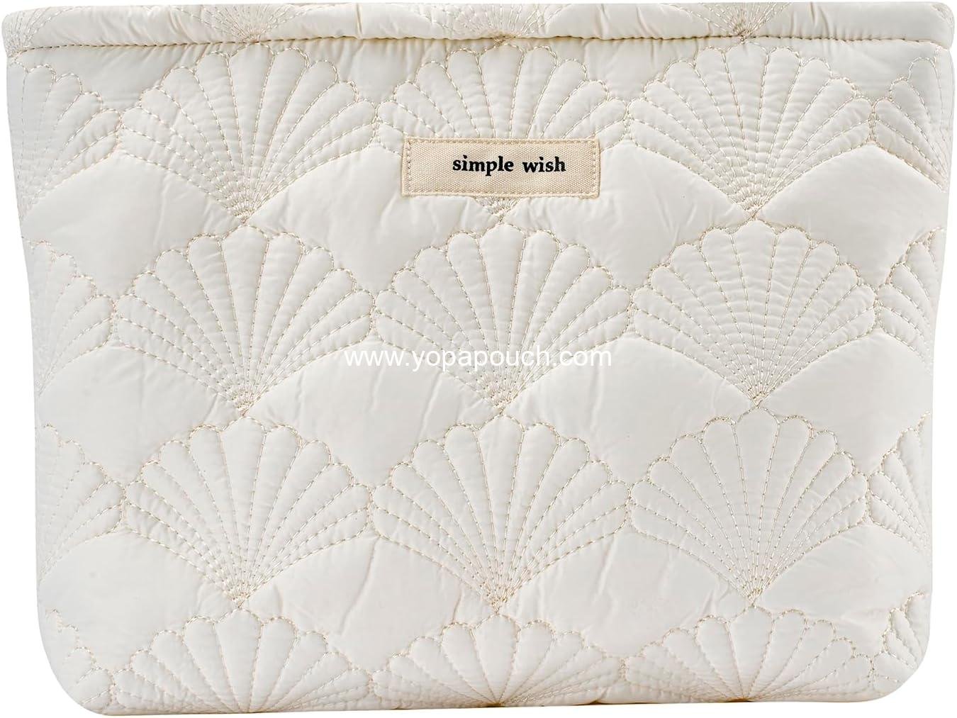 Wholesale White Quilted Cotton Makeup Pouch, Coquette Quilted Toiletry Bag for Women and Girls, Floral Organizer, Aesthetic Travel Cosmetic Bag (03 White Shells) Supplier