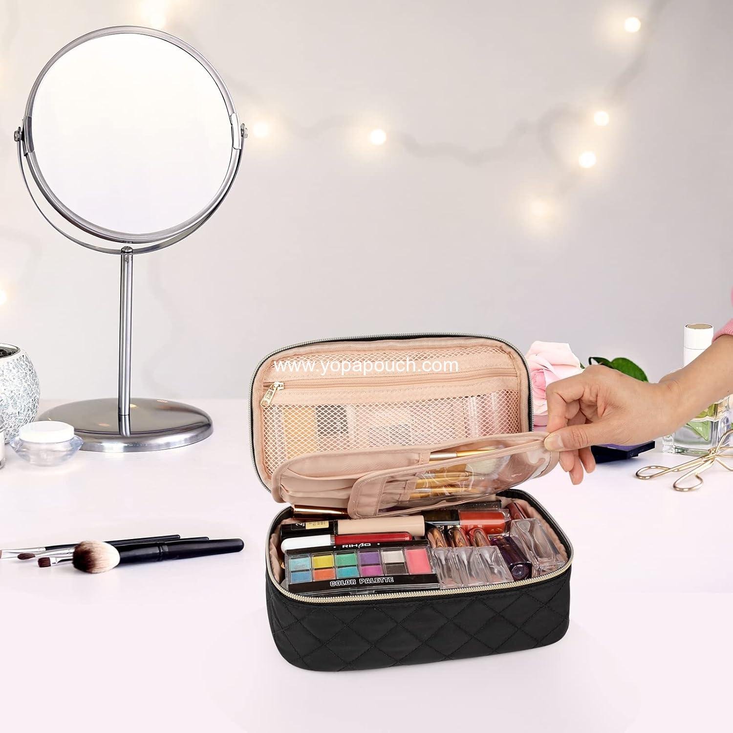 Wholesale Small Travel Makeup Bag with Brush Compartment - Portable Cosmetic Organizer for Women, Pouch with Dividers, Cute Toiletry Bag for Girls - Black Supplier