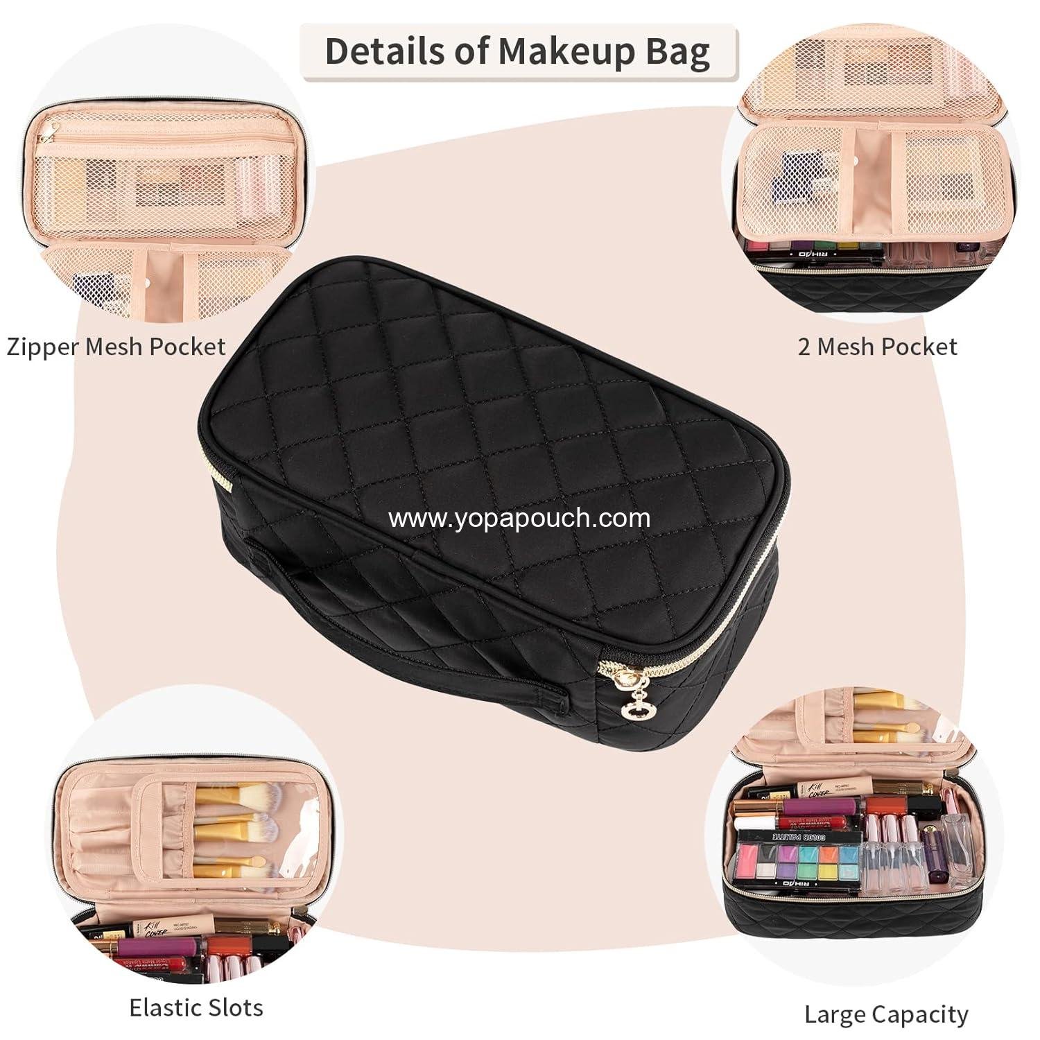 Wholesale Small Travel Makeup Bag with Brush Compartment - Portable Cosmetic Organizer for Women, Pouch with Dividers, Cute Toiletry Bag for Girls - Black Supplier