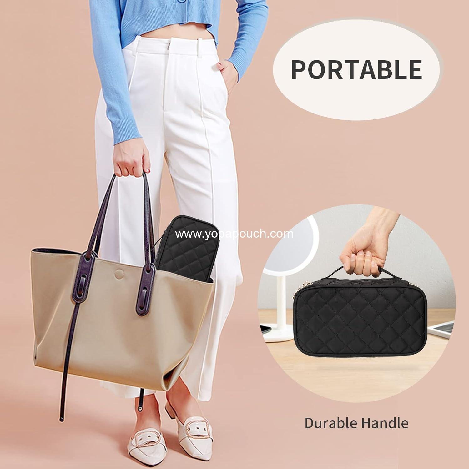 Wholesale Small Travel Makeup Bag with Brush Compartment - Portable Cosmetic Organizer for Women, Pouch with Dividers, Cute Toiletry Bag for Girls - Black Supplier