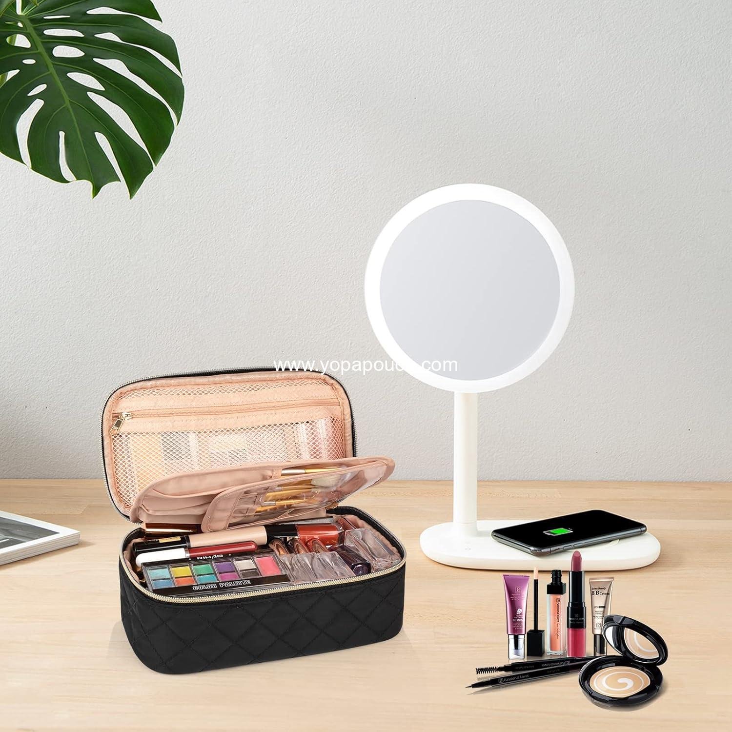 Wholesale Small Travel Makeup Bag with Brush Compartment - Portable Cosmetic Organizer for Women, Pouch with Dividers, Cute Toiletry Bag for Girls - Black Supplier