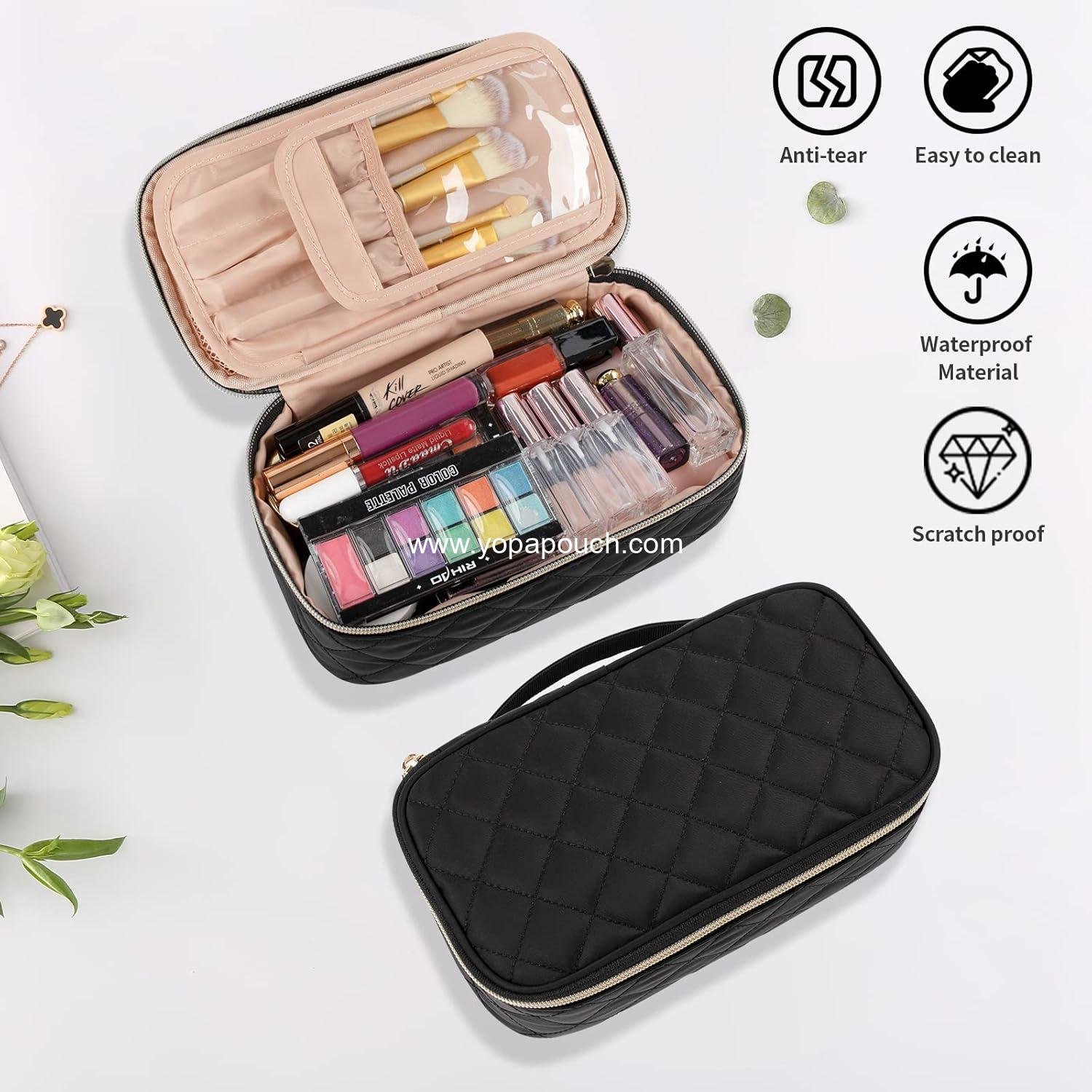 Wholesale Small Travel Makeup Bag with Brush Compartment - Portable Cosmetic Organizer for Women, Pouch with Dividers, Cute Toiletry Bag for Girls - Black Supplier