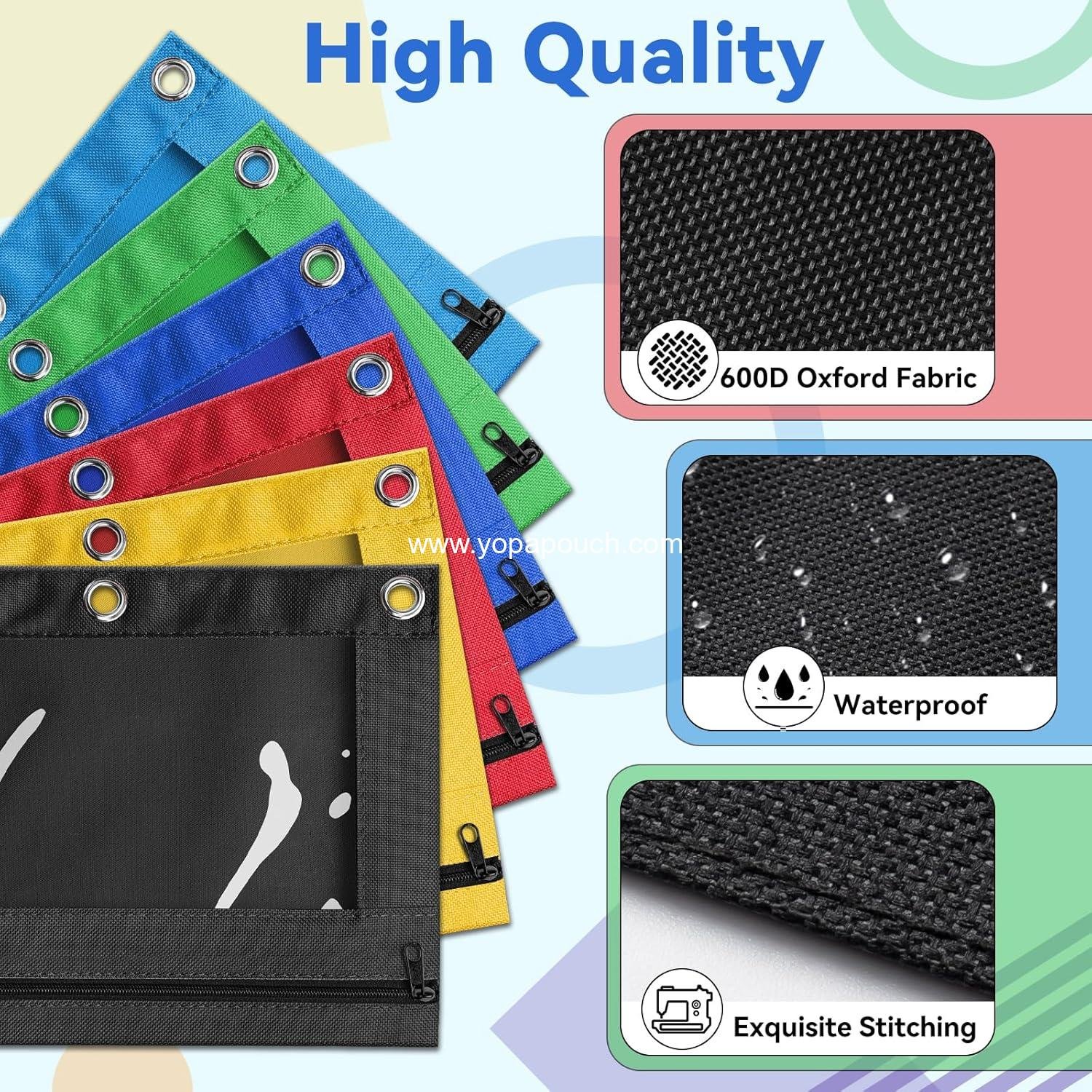 Wholesale 3-Hole Zipper Pencil Pouch for 3 Ring Binder, Bulk 6 Pack in Assorted Colors, Durable Cloth Case with Clear Window for Office School and College Supplies - Manufacturer