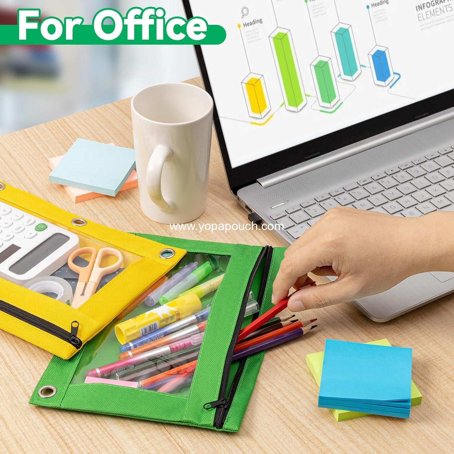 Wholesale 3-Hole Zipper Pencil Pouch for 3 Ring Binder, Bulk 6 Pack in Assorted Colors, Durable Cloth Case with Clear Window for Office School and College Supplies - Manufacturer