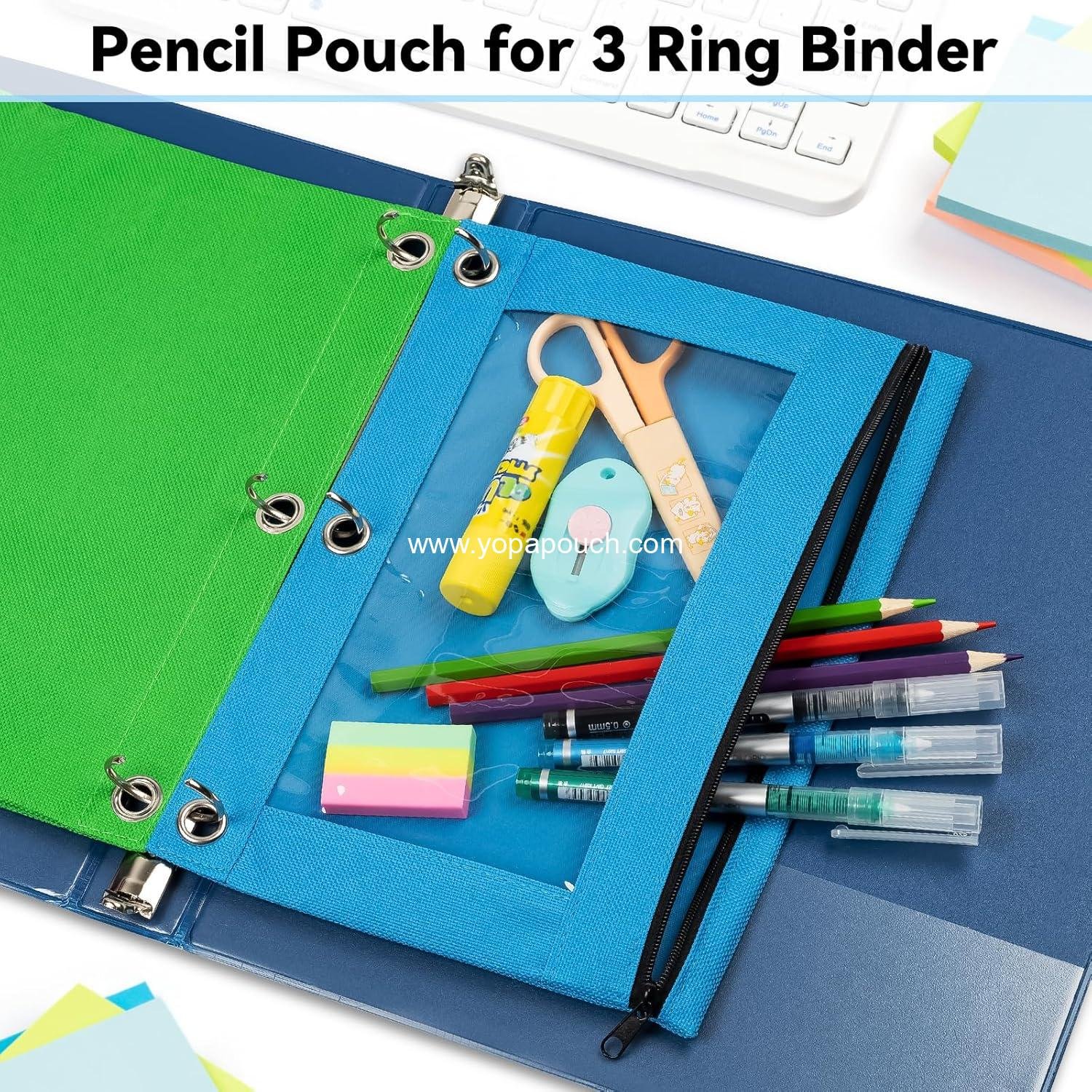 Wholesale 3-Hole Zipper Pencil Pouch for 3 Ring Binder, Bulk 6 Pack in Assorted Colors, Durable Cloth Case with Clear Window for Office School and College Supplies - Manufacturer