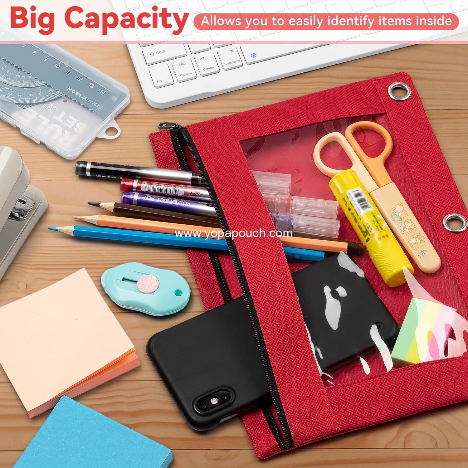 Wholesale 3-Hole Zipper Pencil Pouch for 3 Ring Binder, Bulk 6 Pack in Assorted Colors, Durable Cloth Case with Clear Window for Office School and College Supplies - Manufacturer