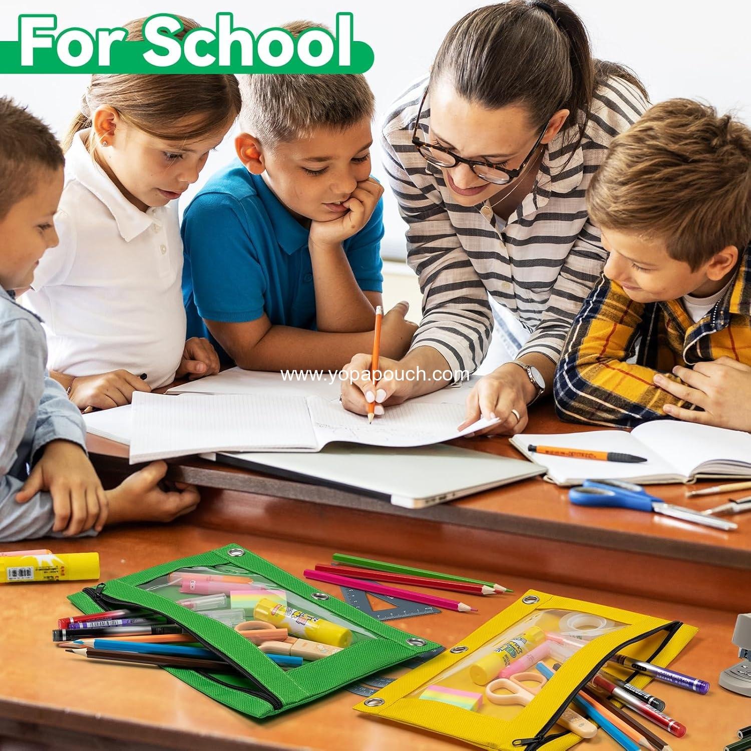 Wholesale 3-Hole Zipper Pencil Pouch for 3 Ring Binder, Bulk 6 Pack in Assorted Colors, Durable Cloth Case with Clear Window for Office School and College Supplies - Manufacturer