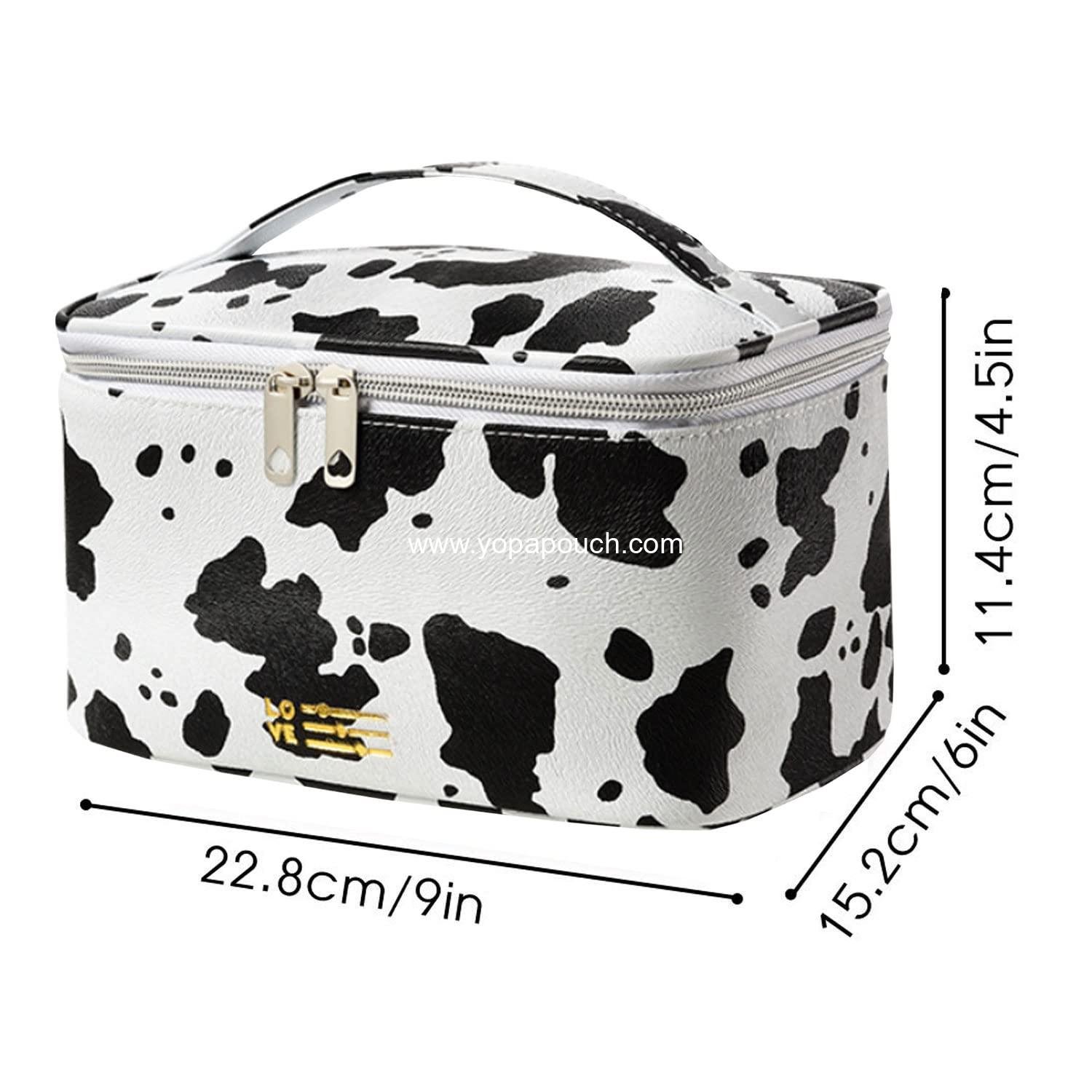 Wholesale Waterproof Makeup Bag Portable Travel Cosmetic Bag with Brush Holder and Handle Print Cow Factory