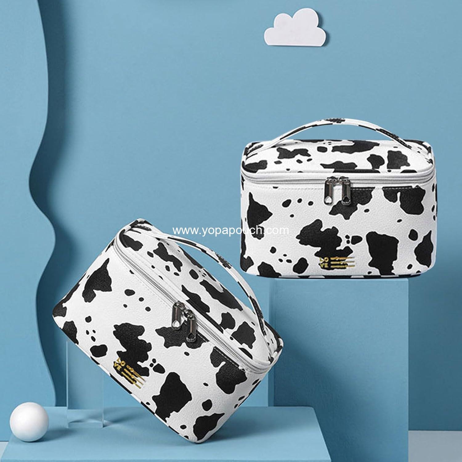 Wholesale Waterproof Makeup Bag Portable Travel Cosmetic Bag with Brush Holder and Handle Print Cow Factory