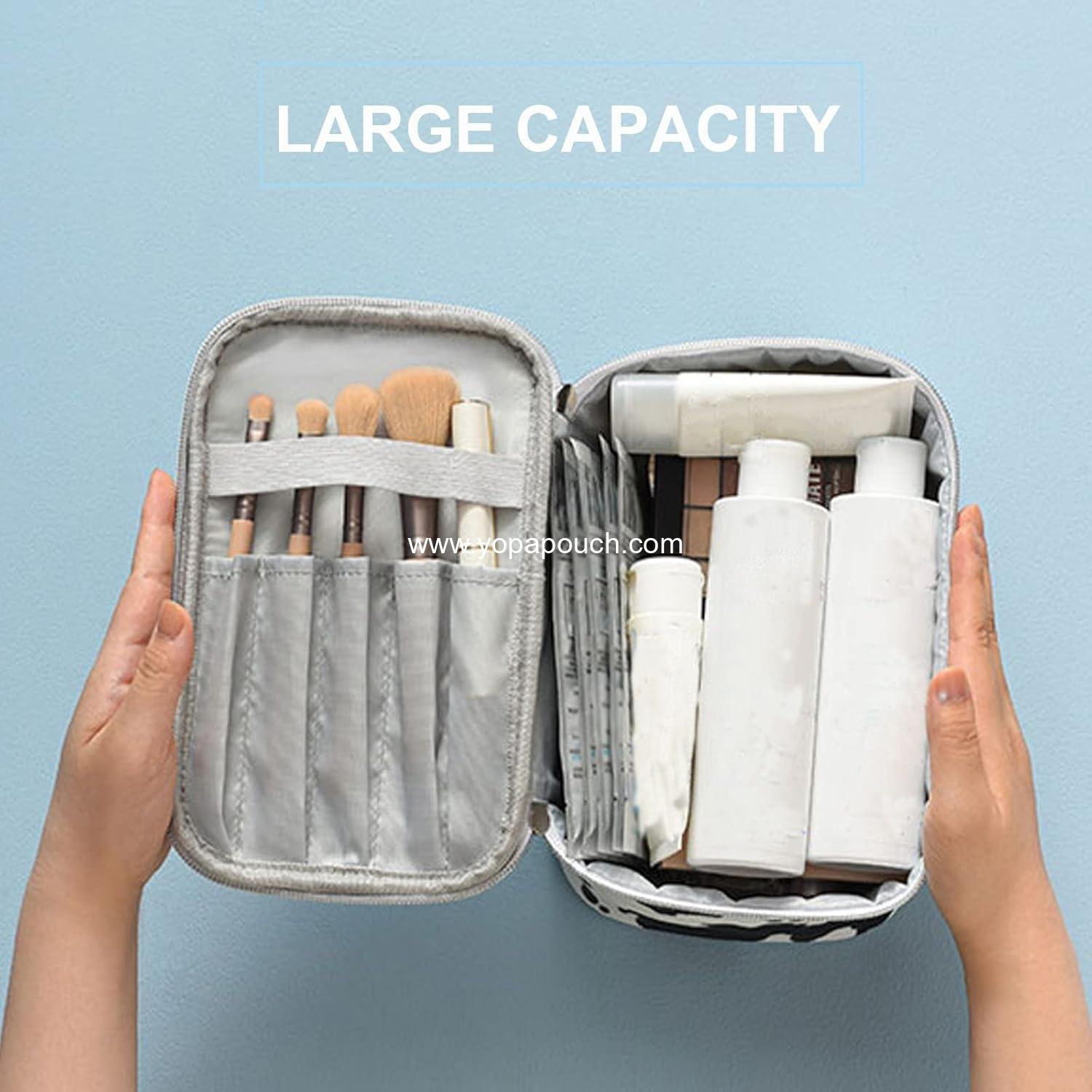 Wholesale Waterproof Makeup Bag Portable Travel Cosmetic Bag with Brush Holder and Handle Print Cow Factory