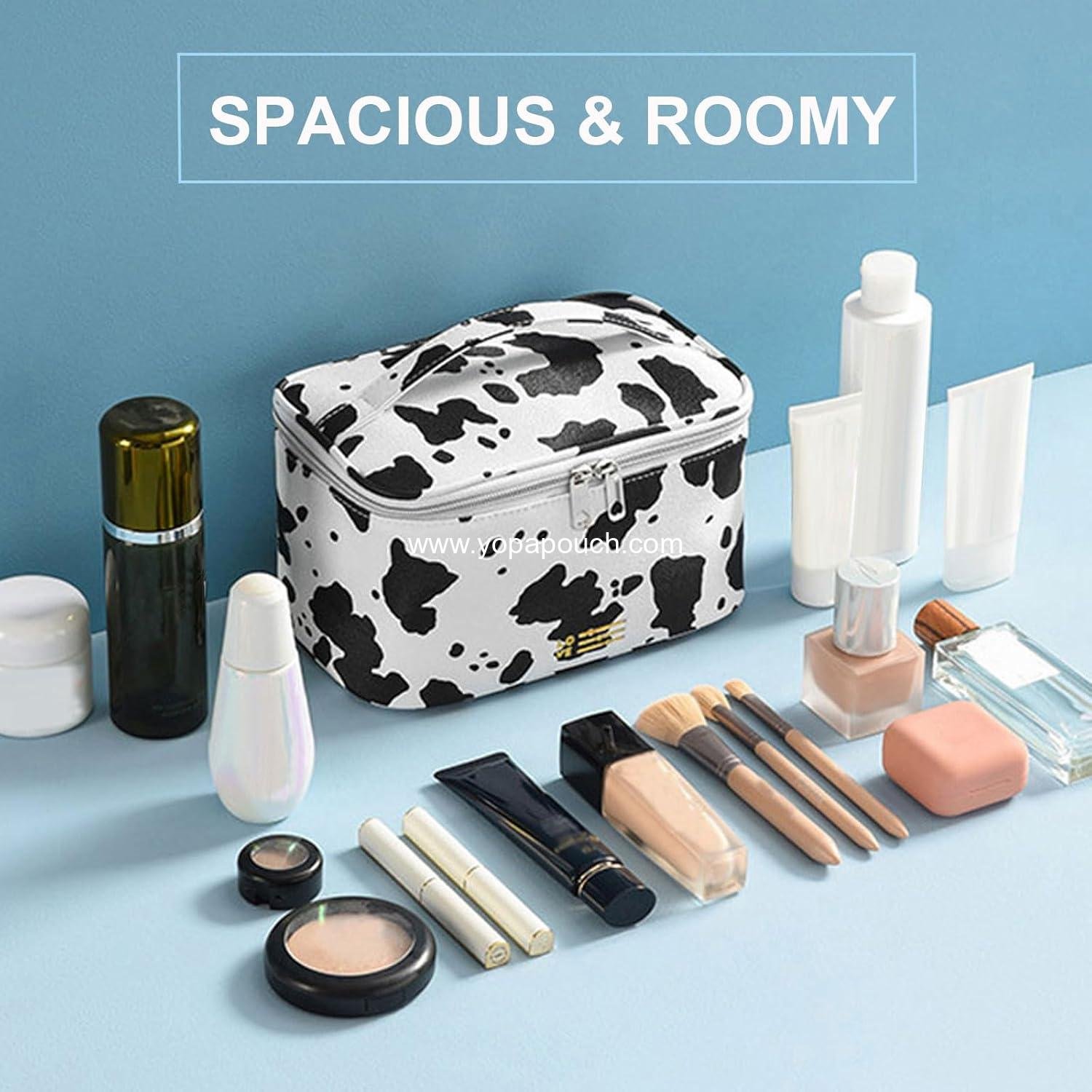 Wholesale Waterproof Makeup Bag Portable Travel Cosmetic Bag with Brush Holder and Handle Print Cow Factory