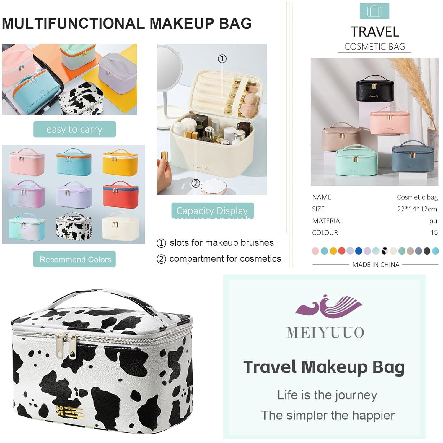 Wholesale Waterproof Makeup Bag Portable Travel Cosmetic Bag with Brush Holder and Handle Print Cow Factory