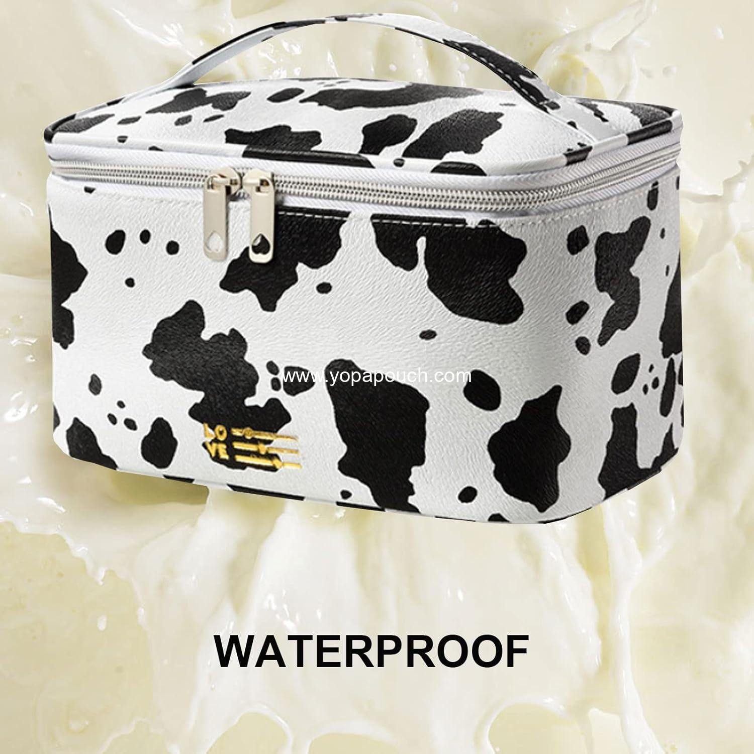 Wholesale Waterproof Makeup Bag Portable Travel Cosmetic Bag with Brush Holder and Handle Print Cow Factory