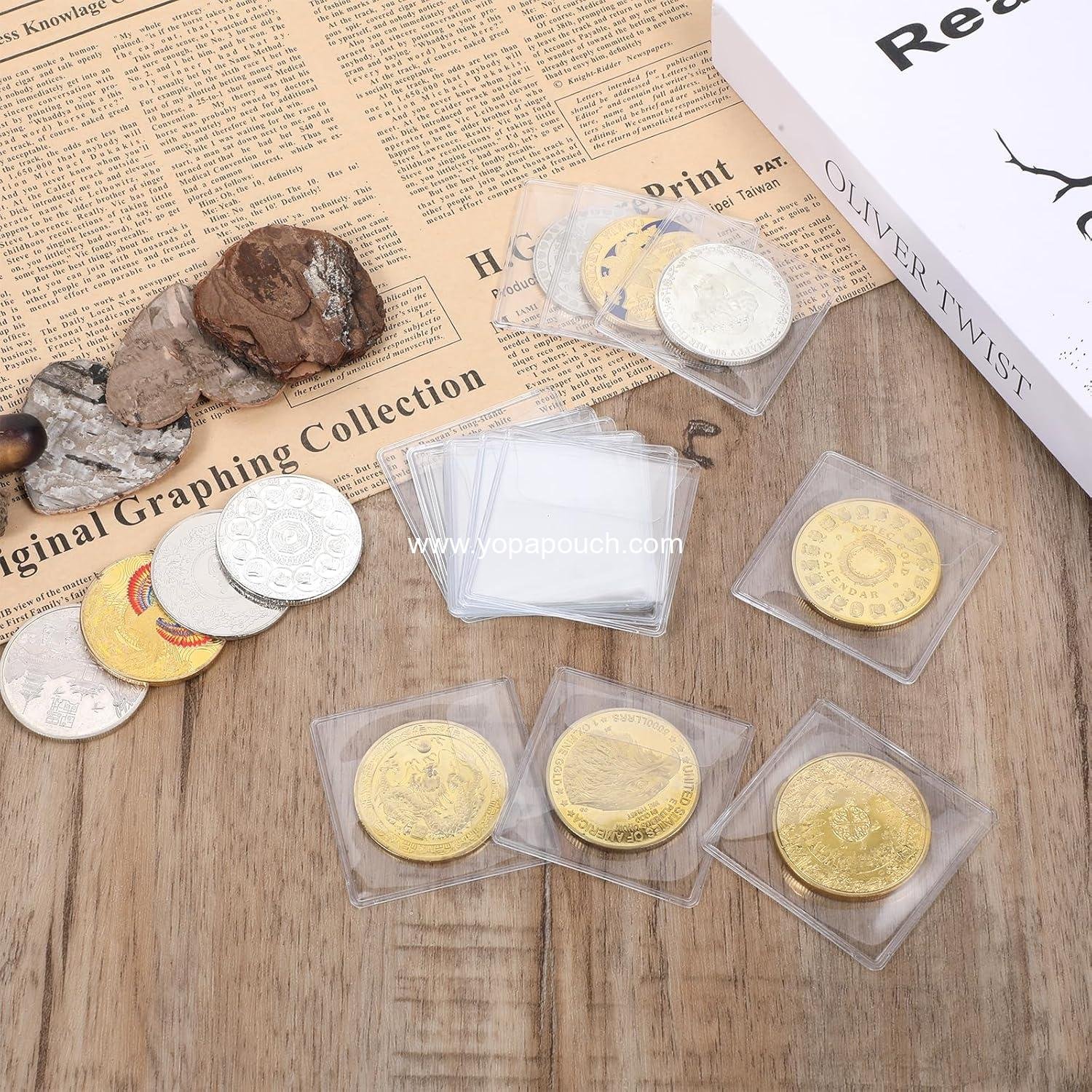 Wholesale 50 Pcs Single Pocket Coin Sleeves 2.2 x 2.2 Inches Clear Coin Protectors Plastic Holders for Small Coins Jewelry Storage Currency Collectors Supplier