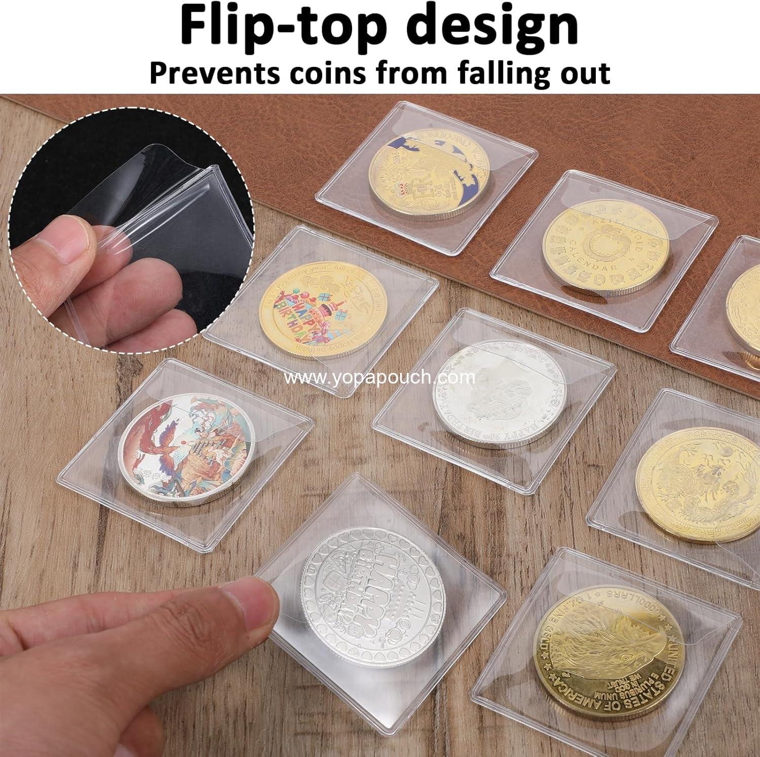 Wholesale 50 Pcs Single Pocket Coin Sleeves 2.2 x 2.2 Inches Clear Coin Protectors Plastic Holders for Small Coins Jewelry Storage Currency Collectors Supplier