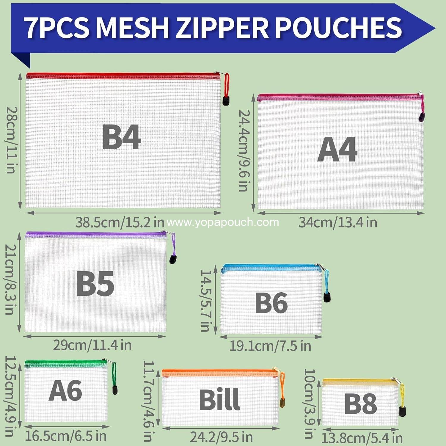 Wholesale Mesh Zipper Pouch Bags, 7 Sizes Clear Organization Pouches, Reusable Storage Bags for Travel and School Supplies, File Jackets & File Pockets, Supplier