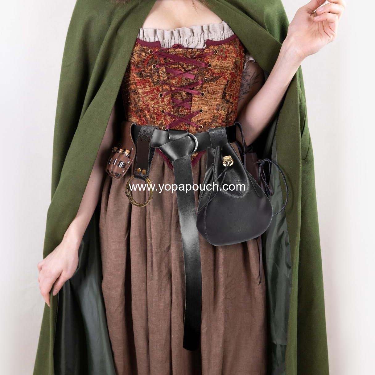 OEM 3 Pcs Halloween Renaissance Belt Pouch Coin Purse Phone Holder Skirt Hikes Medieval Viking Pirate Leather Costume Set (Black) - Supplier