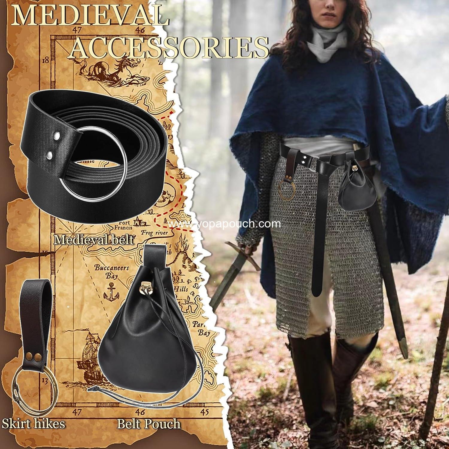 OEM 3 Pcs Halloween Renaissance Belt Pouch Coin Purse Phone Holder Skirt Hikes Medieval Viking Pirate Leather Costume Set (Black) - Supplier