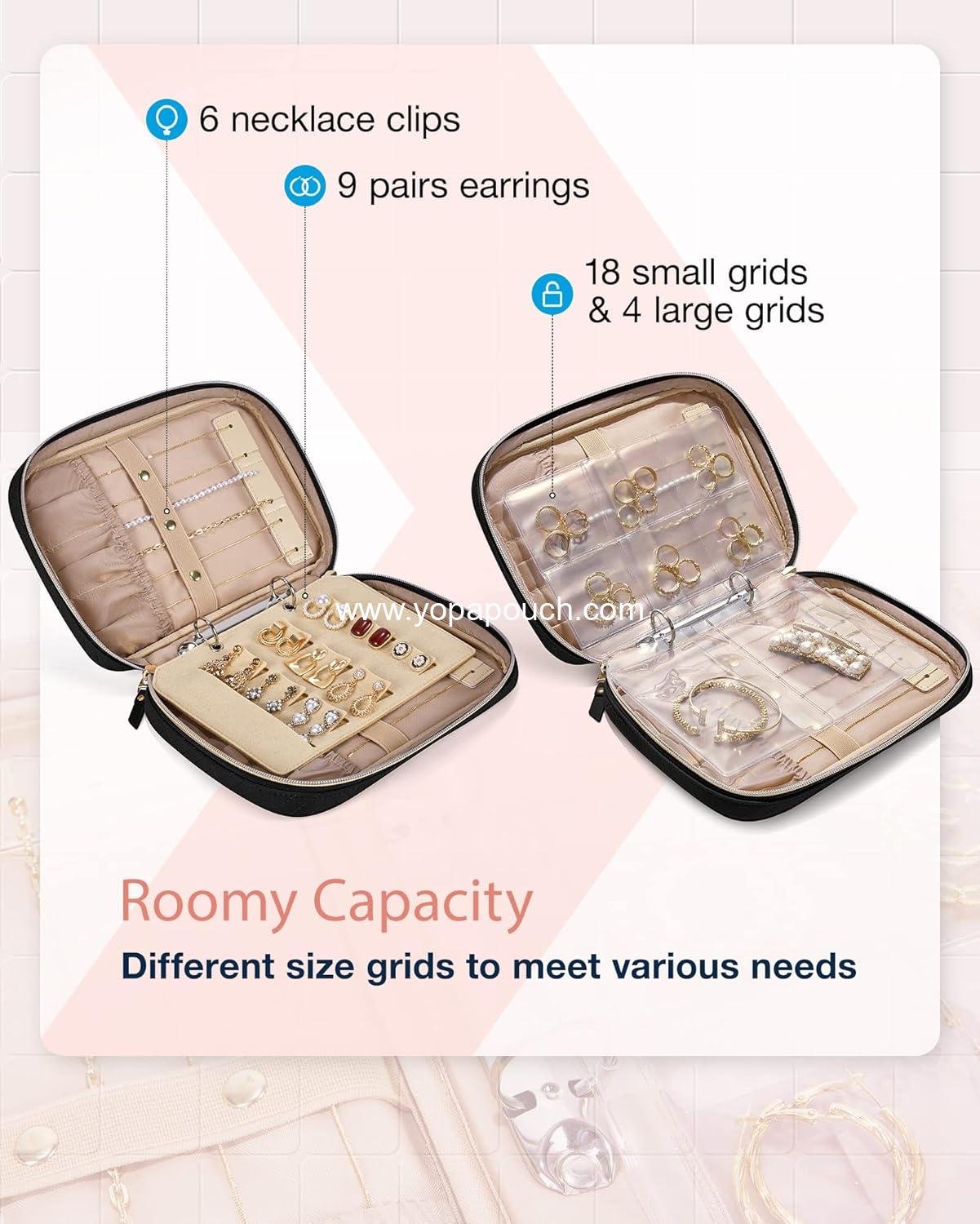 OEM Jewelry Travel Organizer Case - Home Storage for Rings, Necklaces, Earrings, Bracelets - Clear Bags and Zipper Rolls - Black Supplier