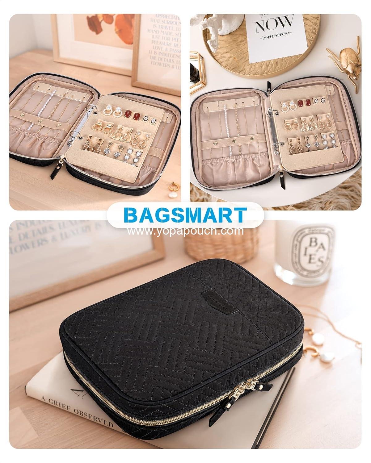 OEM Jewelry Travel Organizer Case - Home Storage for Rings, Necklaces, Earrings, Bracelets - Clear Bags and Zipper Rolls - Black Supplier