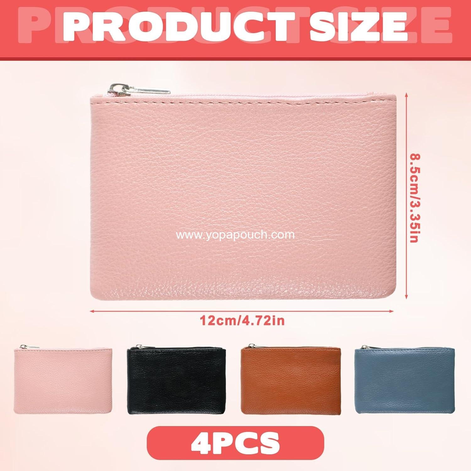 OEM 4PCS Portable PU Leather Coin Purse Mini Wallet Zipper Small Pouch for Women and Men Cash Keys Lipstick Credit Card ID Card (Black Blue Pink Brown) Supplier