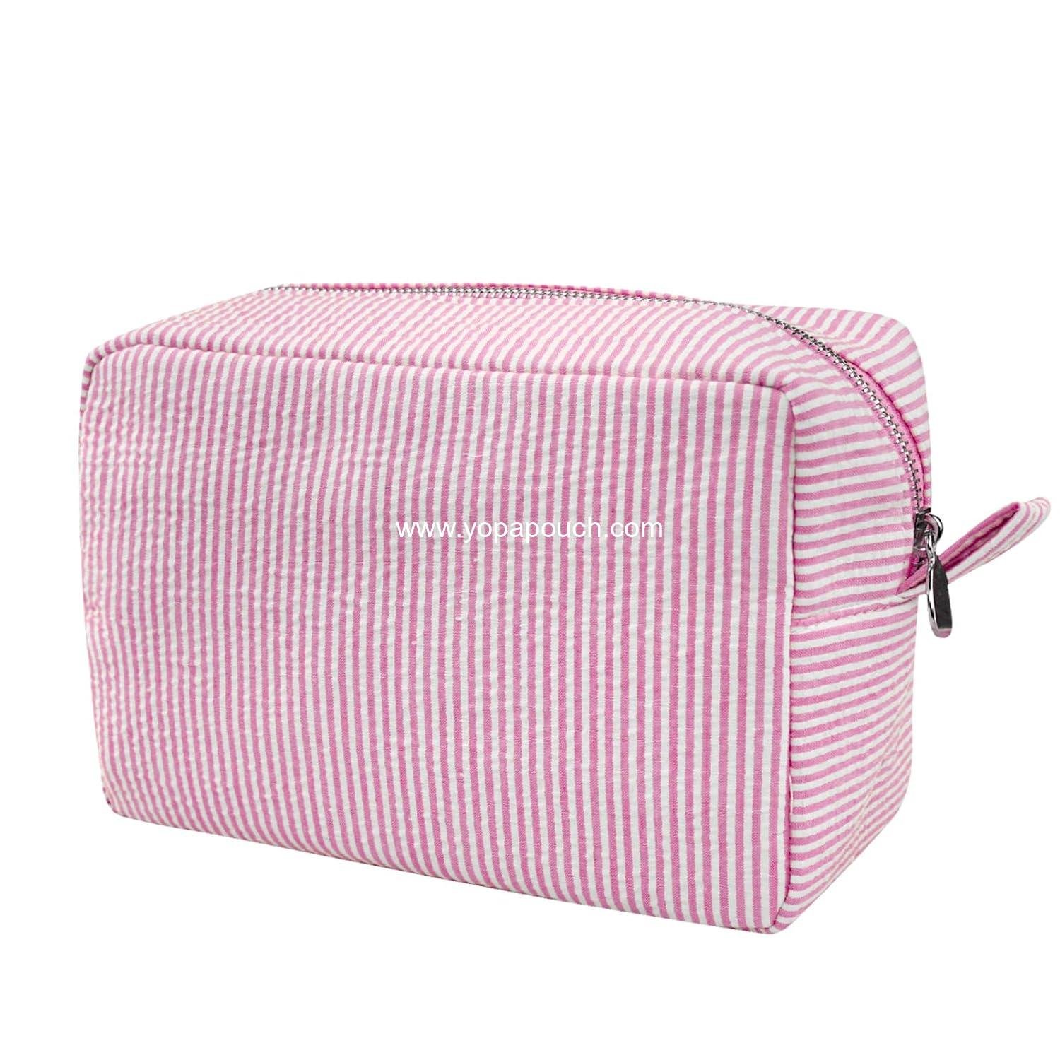 OEM Large Pink Makeup Bag for Women, Travel Toiletry Stripe Organizer, Seersucker Aesthetic Storage Pouch, Girls Handbags and Purses, Supplier