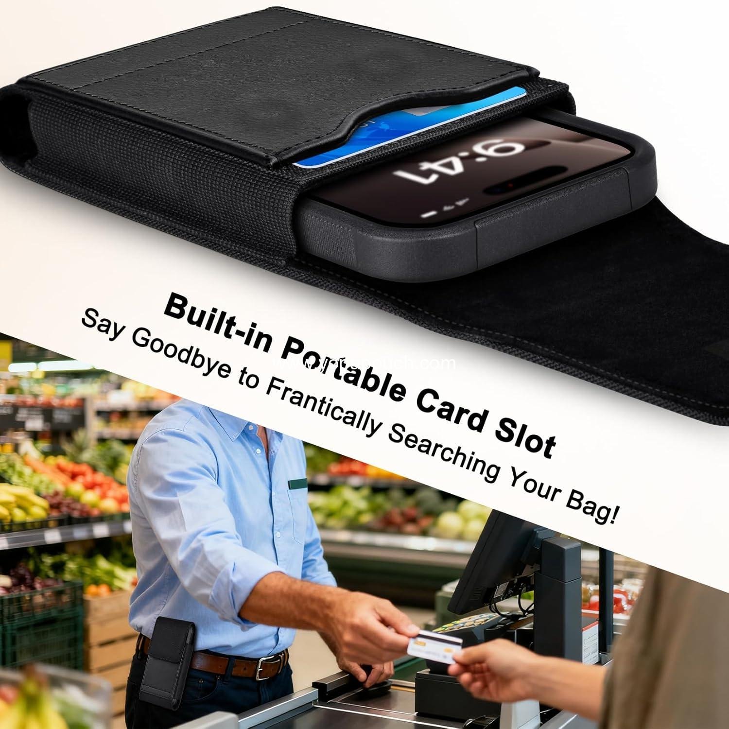 Wholesale Nylon Cell Phone Belt Holder Case with Clip and Leather Card Pouch Compatible with iPhone 16 15 14 13 12 Pro and Galaxy S25 S24 S23 S22 S21 S20 for Men, Black - Supplier