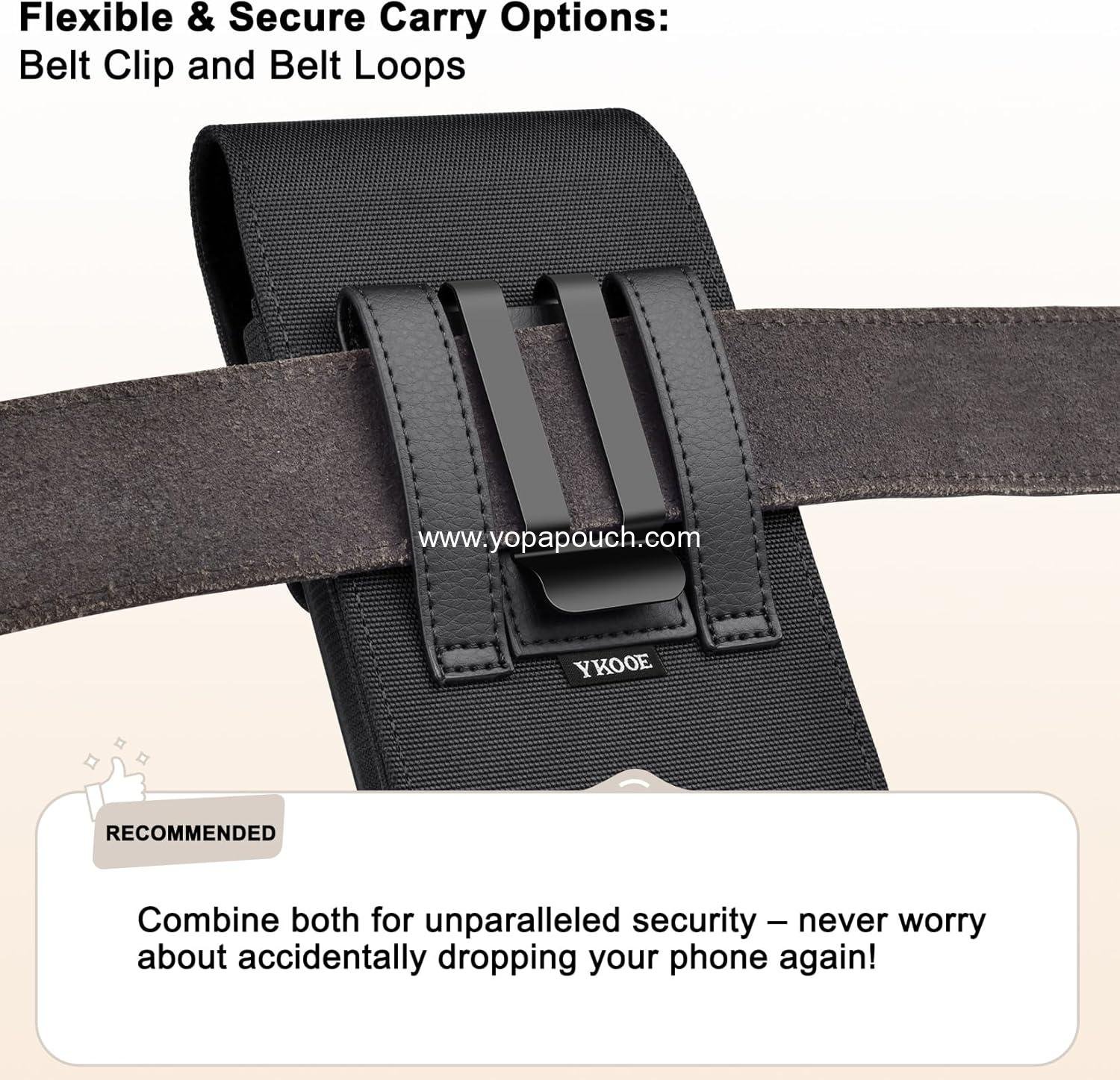 Wholesale Nylon Cell Phone Belt Holder Case with Clip and Leather Card Pouch Compatible with iPhone 16 15 14 13 12 Pro and Galaxy S25 S24 S23 S22 S21 S20 for Men, Black - Supplier