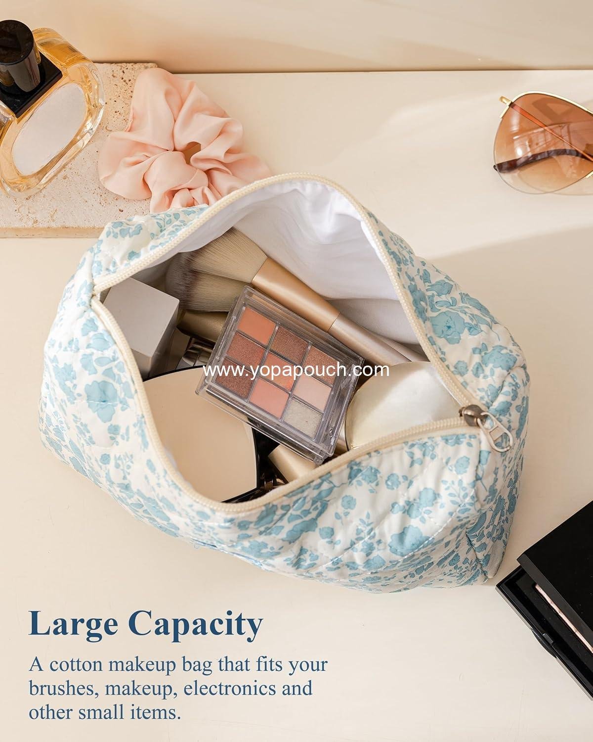 OEM Cute Floral Quilted Makeup Bag, Large Cotton Travel Cosmetic Toiletry Bag for Women and Girls - Supplier
