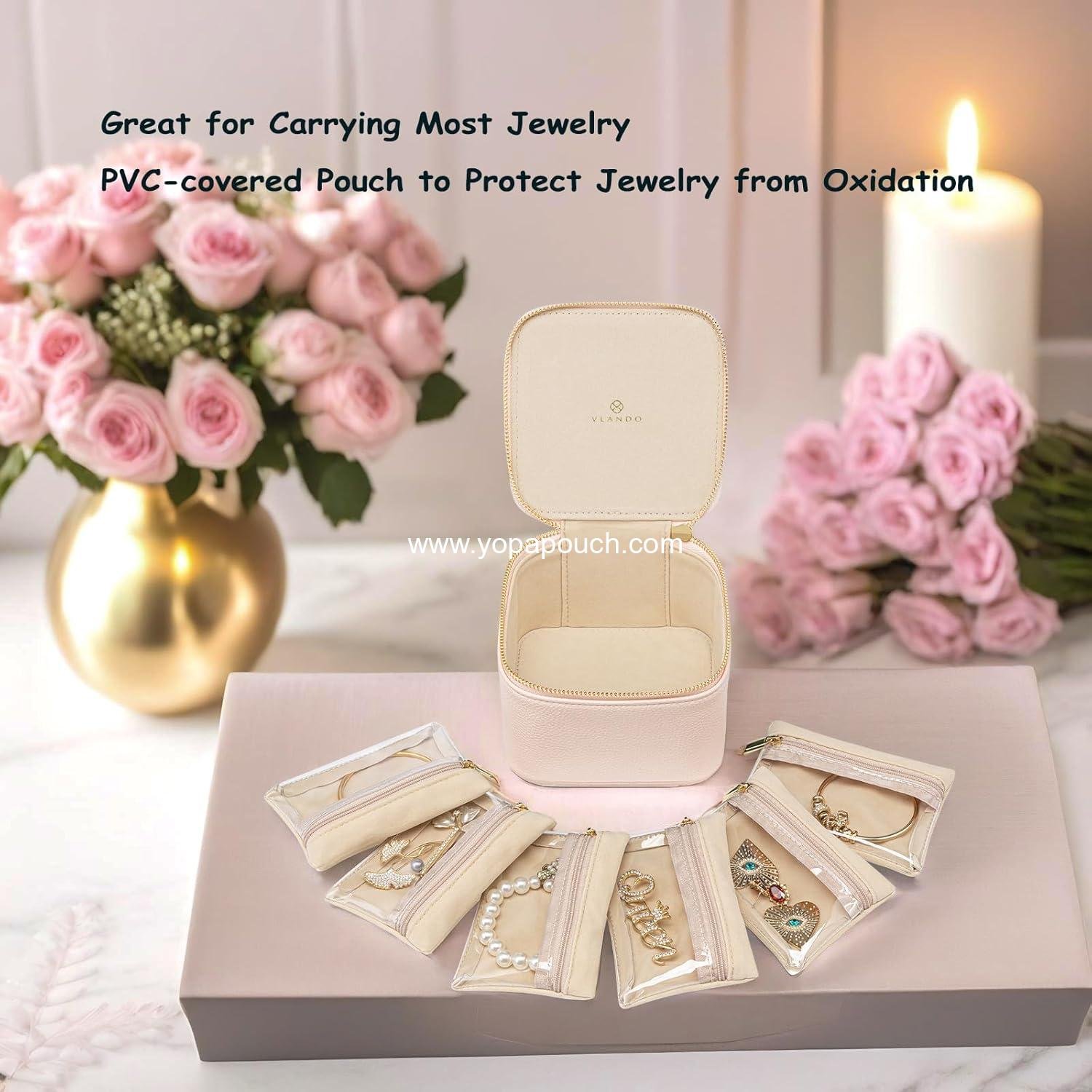 Wholesale Travel Jewelry Organizer - 6 Velvet Zipped Pouches for Necklaces, Rings, Earrings, and Storage, Rosy Mauve Supplier