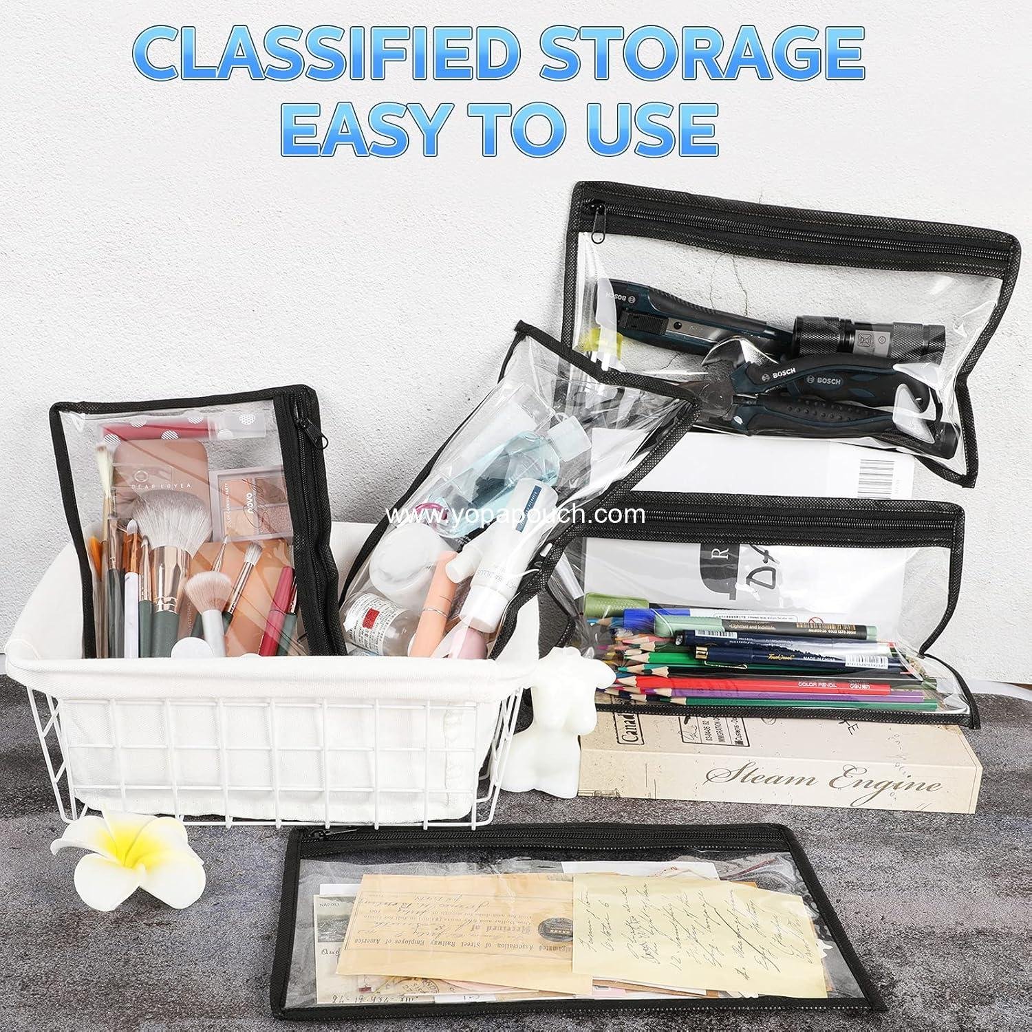 Wholesale 8 Pcs Clear Zipper Pouches - PVC Makeup and Pencil Pouch Envelopes for Document Organization - Multi-Purpose Storage Bags (11.5 x 7 Inches, Black Edging) Supplier