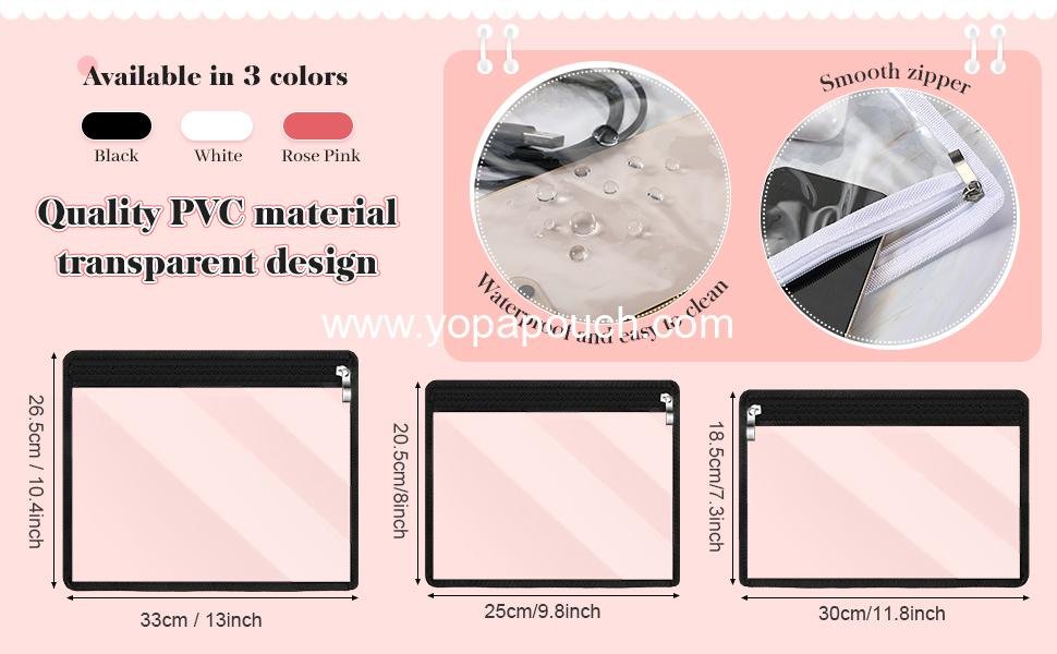 Wholesale 8 Pcs Clear Zipper Pouches - PVC Makeup and Pencil Pouch Envelopes for Document Organization - Multi-Purpose Storage Bags (11.5 x 7 Inches, Black Edging) Supplier