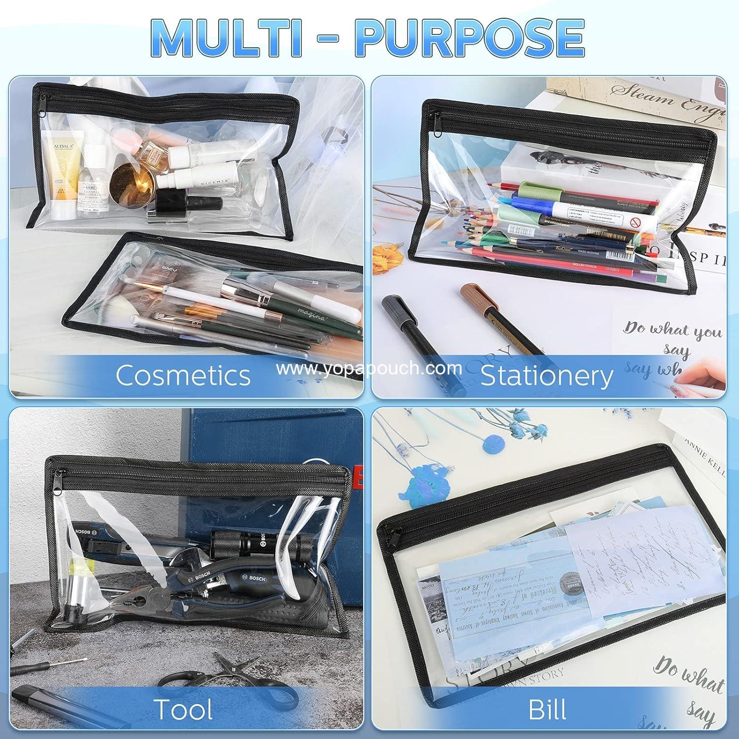 Wholesale 8 Pcs Clear Zipper Pouches - PVC Makeup and Pencil Pouch Envelopes for Document Organization - Multi-Purpose Storage Bags (11.5 x 7 Inches, Black Edging) Supplier