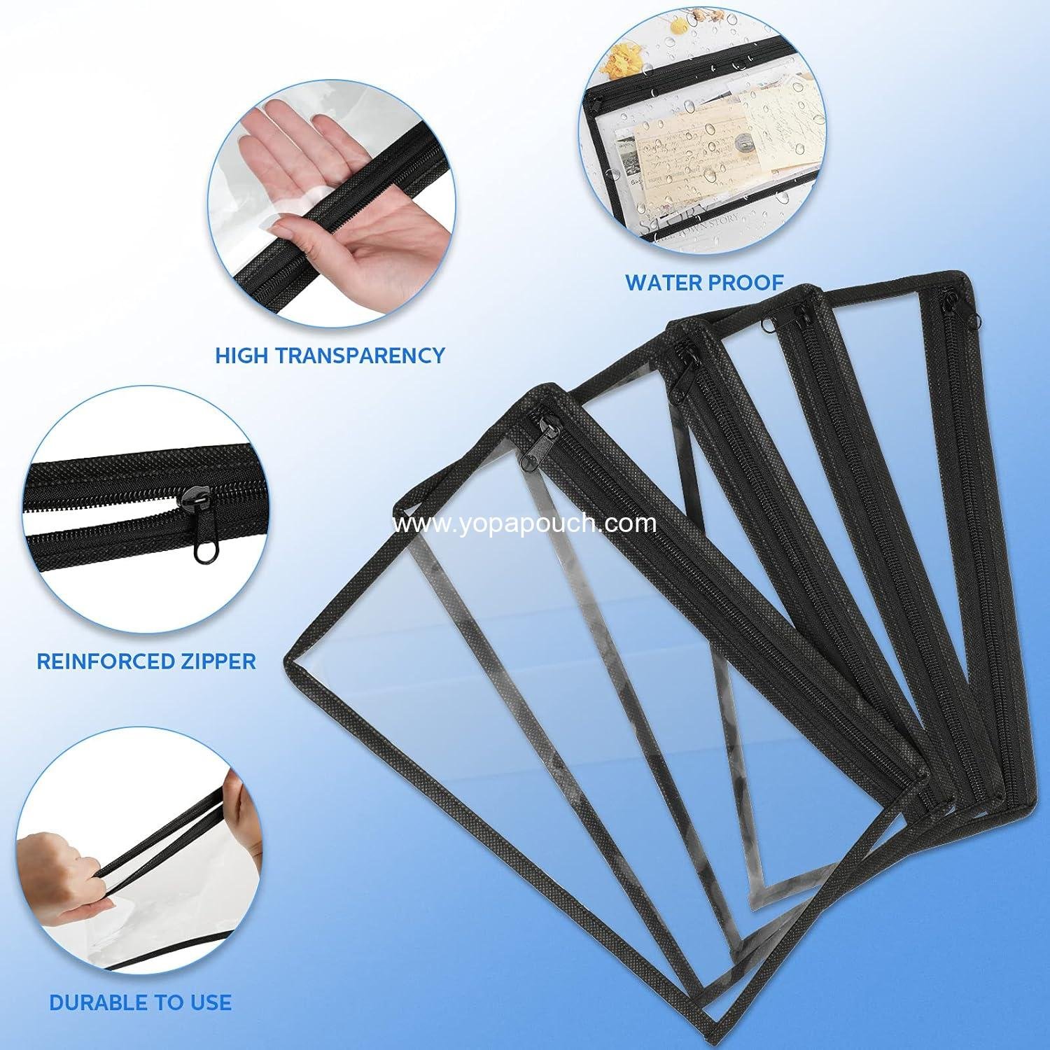 Wholesale 8 Pcs Clear Zipper Pouches - PVC Makeup and Pencil Pouch Envelopes for Document Organization - Multi-Purpose Storage Bags (11.5 x 7 Inches, Black Edging) Supplier