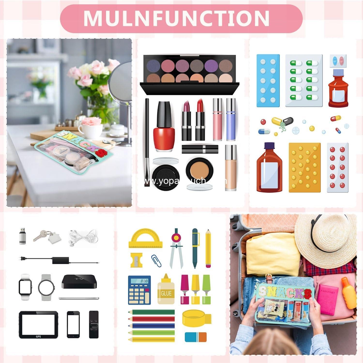 Wholesale Clear Snack Bag for Travel, Chenille Letter Zipper Pouch, Nylon Cosmetic Makeup Travel Bag for Women, OEM Supplier