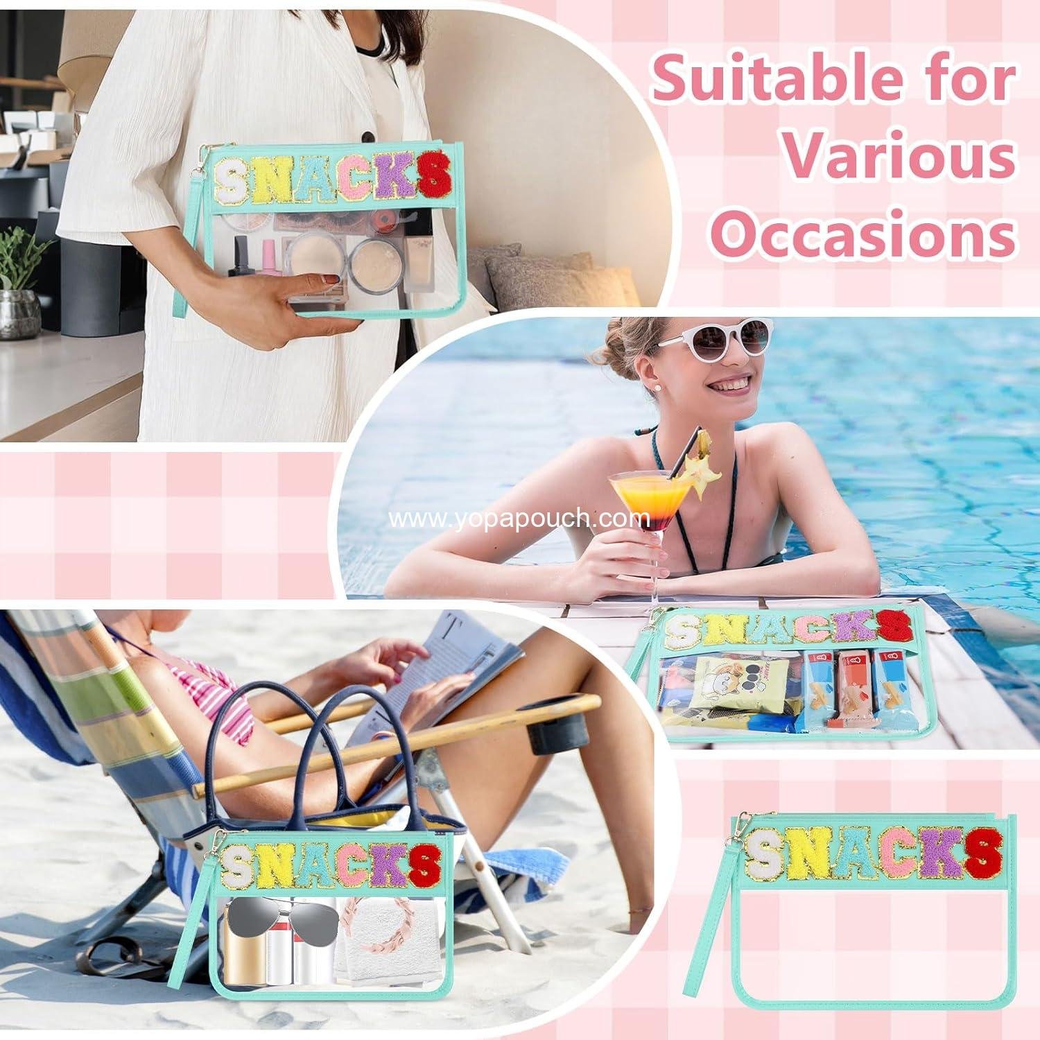 Wholesale Clear Snack Bag for Travel, Chenille Letter Zipper Pouch, Nylon Cosmetic Makeup Travel Bag for Women, OEM Supplier