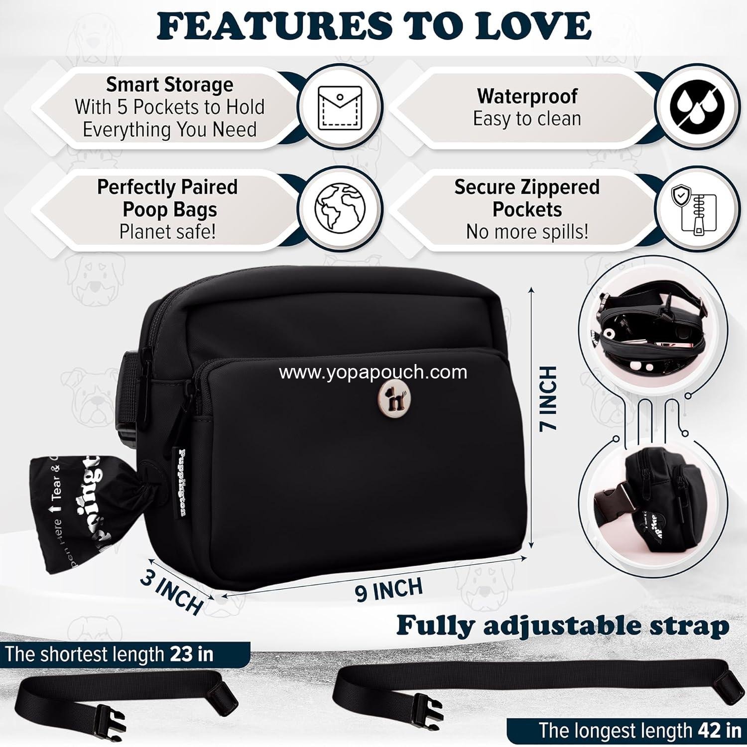 Wholesale 3-in-1 Crossbody Dog Walking Bag & Treat Pouch with Matching Planet Safe Poop Bags & Built-In Dispenser - Ideal Gift for Dog Moms & Puppy Training with Zippered Pockets (Onyx Black) Supplier