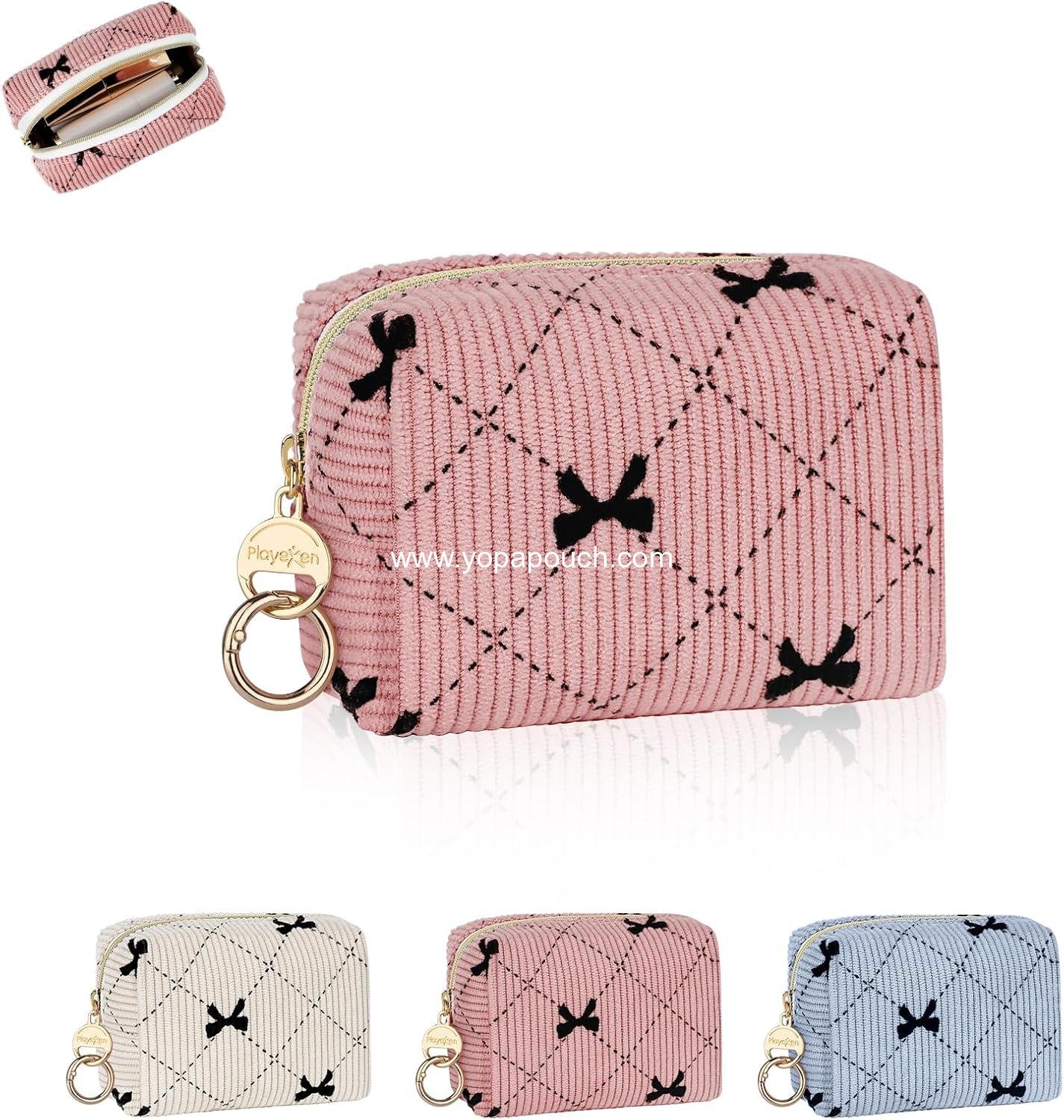 Wholesale Mini Makeup Bag - Corduroy Small Cosmetic Pouch with Ring Buckle and Bow Tie for Travel, Perfect for Lipsticks, Chapsticks, Coins, Earphones, and Credit Cards (Pink) Supplier