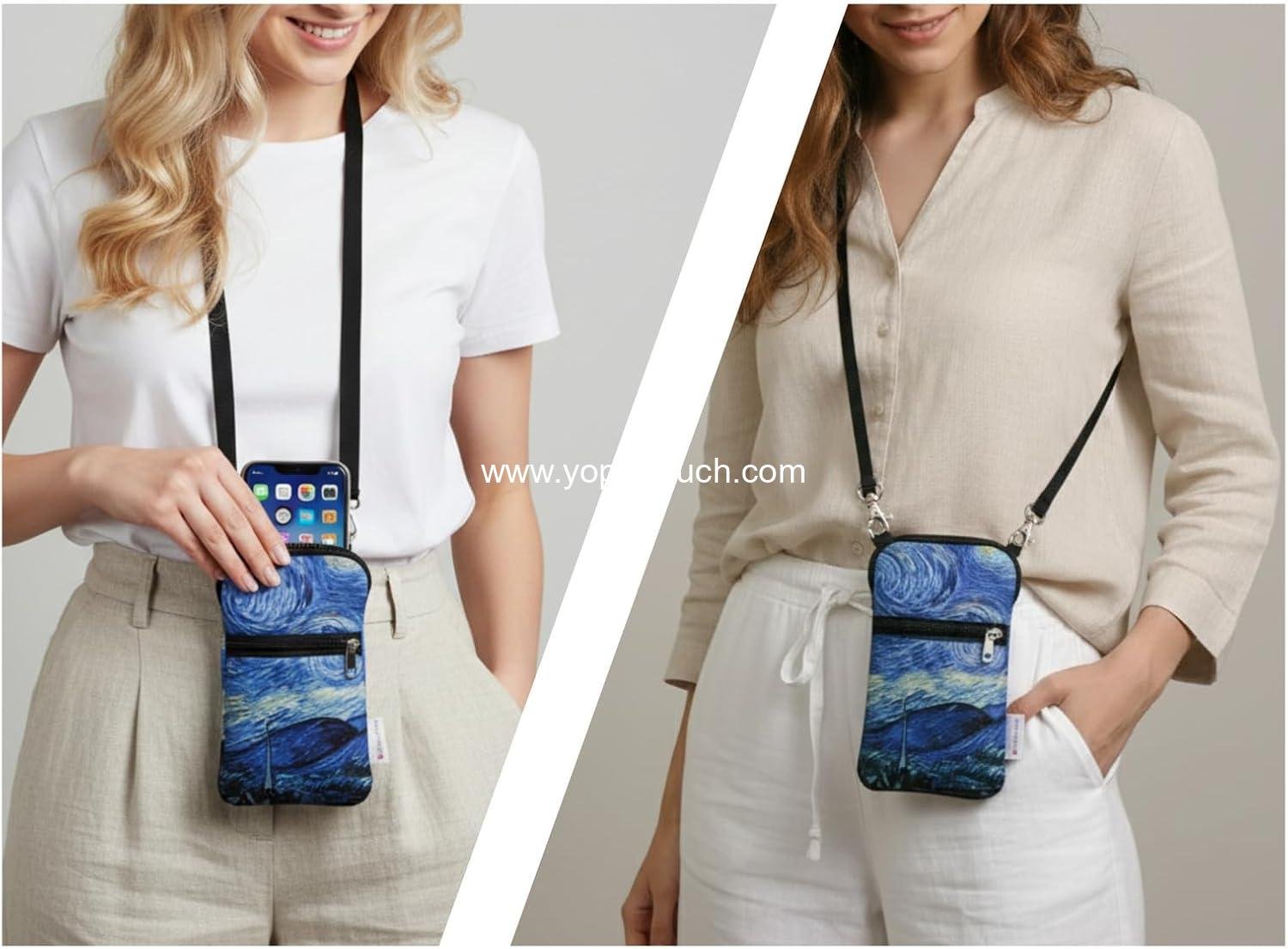 Wholesale Neoprene Universal Cell Phone Double Zipper Sleeve Pouch Case with Crossbody Strap and Neck Lanyard | Shock-Absorbing | Lightweight | Starry Night | Supplier