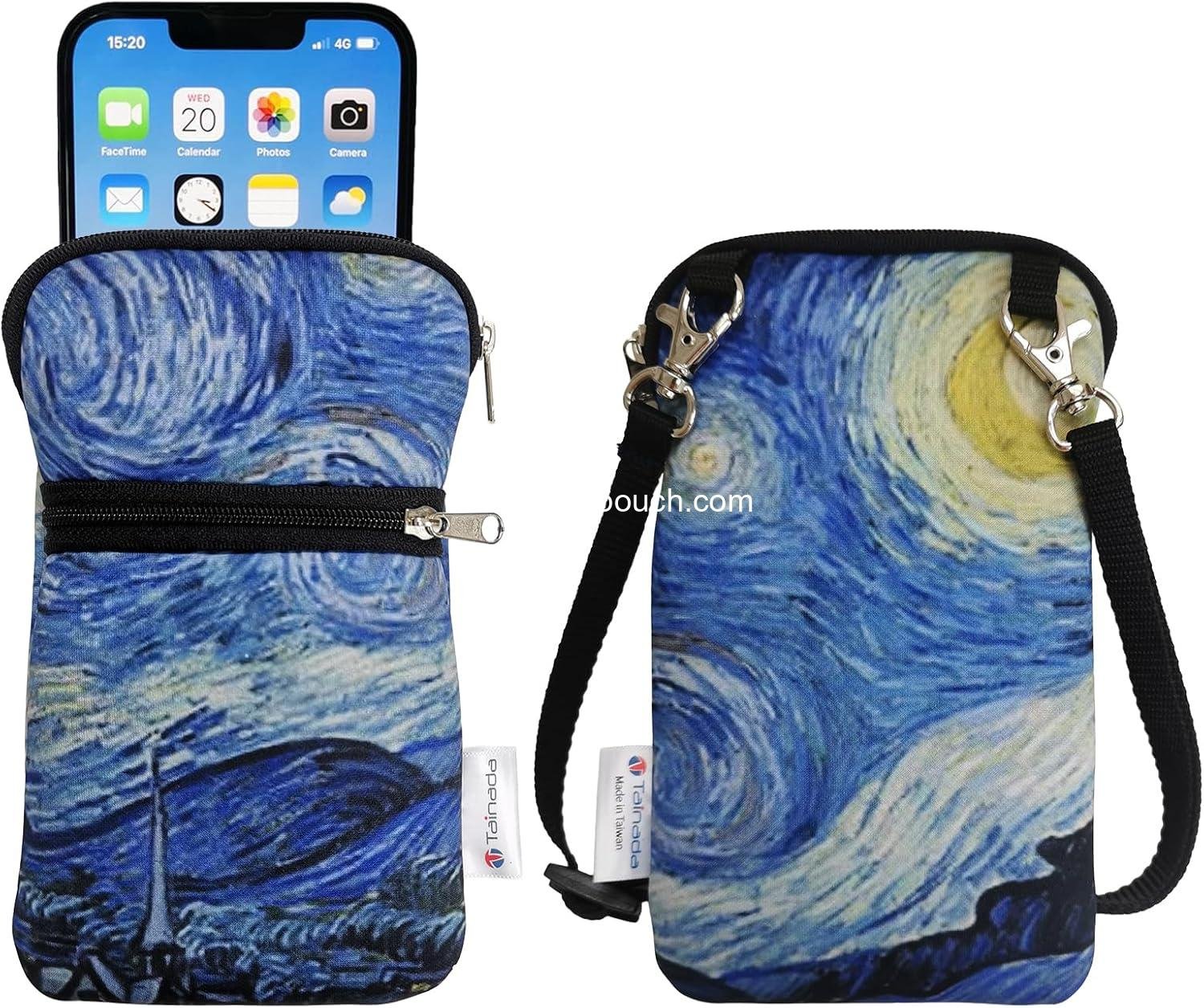 Wholesale Neoprene Universal Cell Phone Double Zipper Sleeve Pouch Case with Crossbody Strap and Neck Lanyard | Shock-Absorbing | Lightweight | Starry Night | Supplier