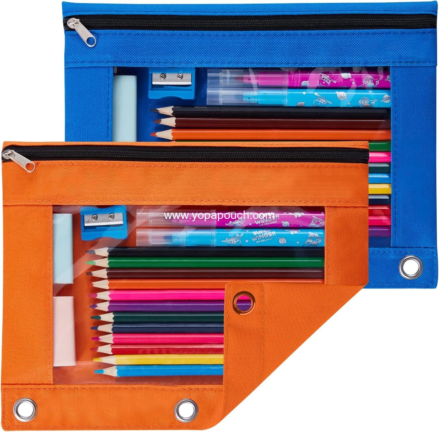 Wholesale Binder Pencil Pouch 2 Pack with Clear Window & Zipper, Reinforced Grommets, Pencil Case for 3 Ring Binder, Blue & Orange - Supplier