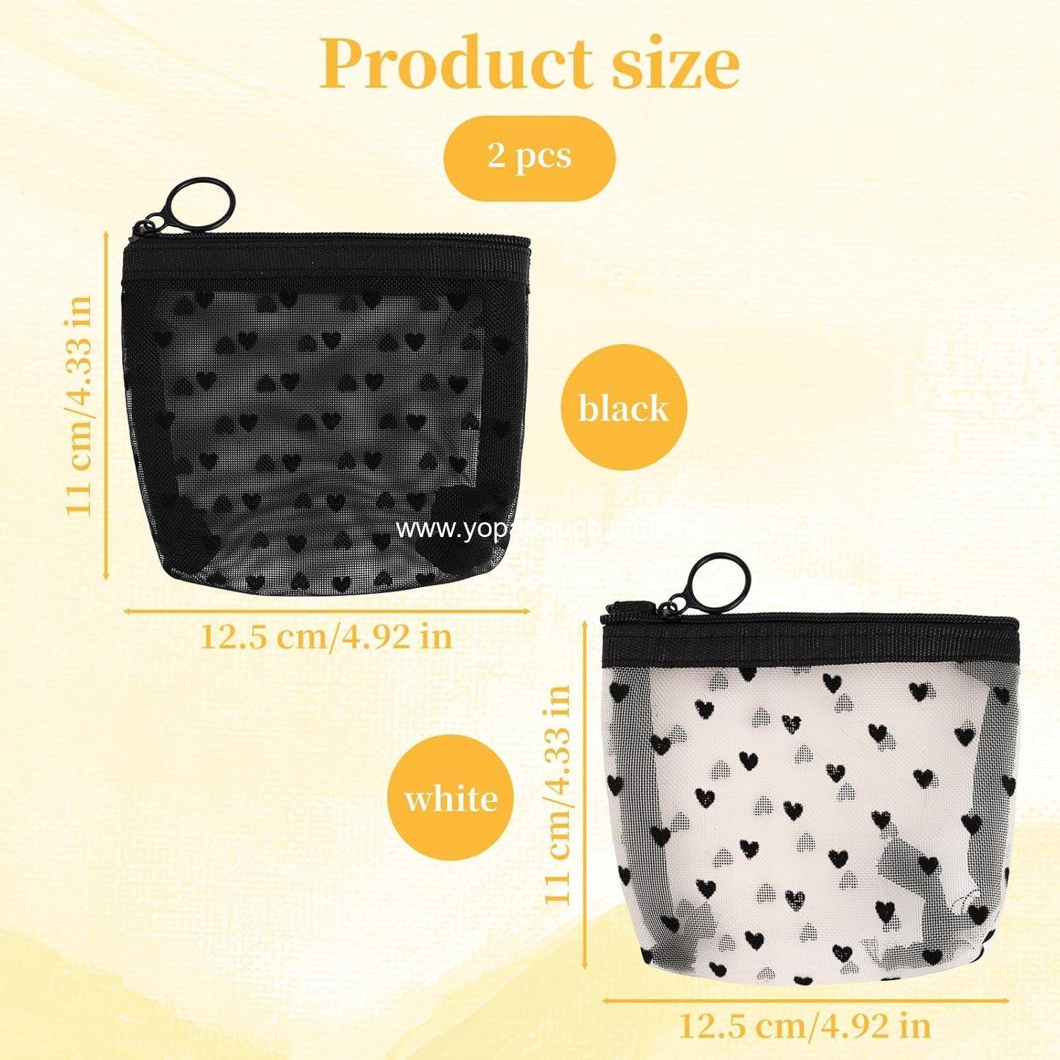 OEM 2 Pcs Mesh Makeup Bag with Zipper, Cute Heart Print Cosmetic Organizer for Women, Mini Travel Pouch (Black, White), Wholesale Supplier