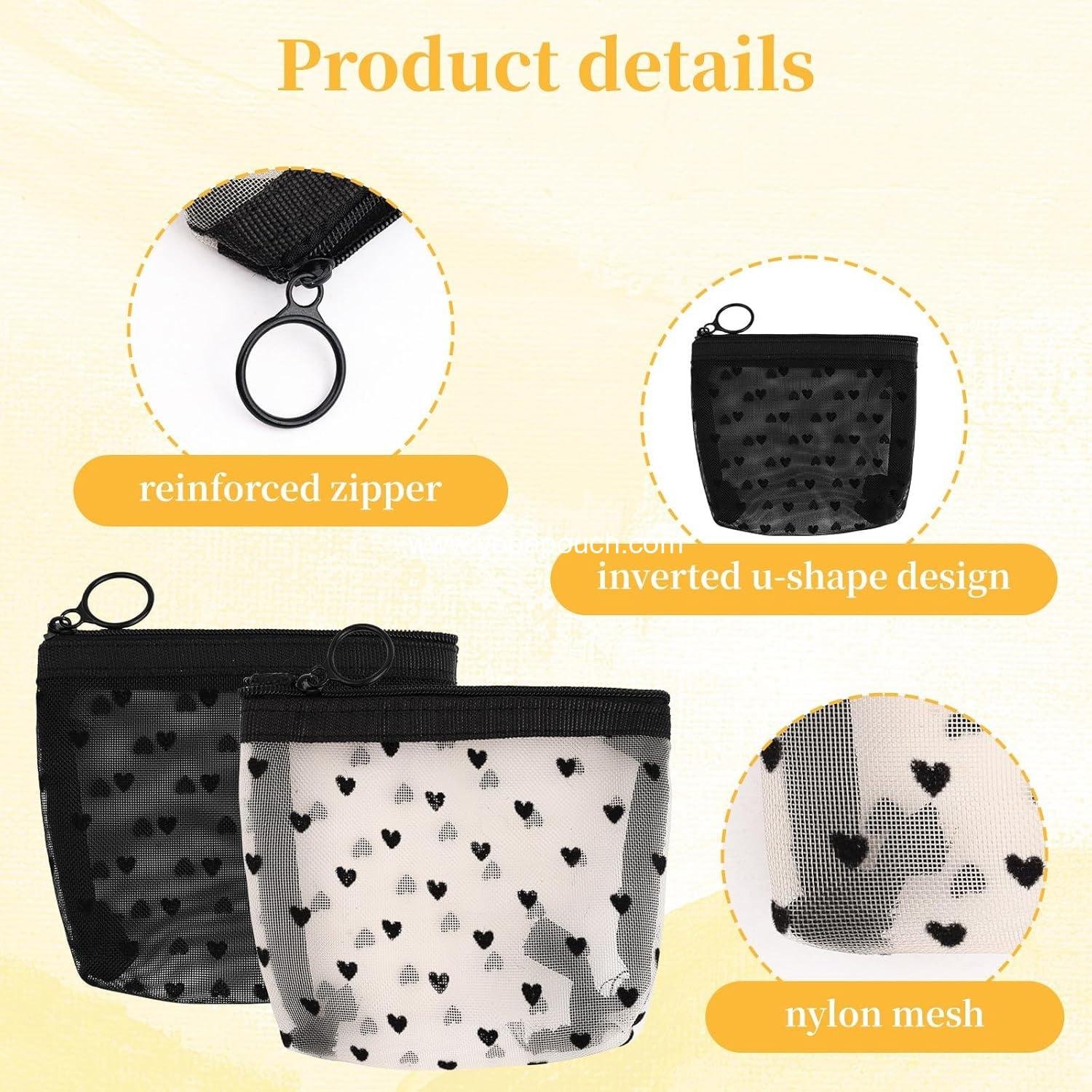 OEM 2 Pcs Mesh Makeup Bag with Zipper, Cute Heart Print Cosmetic Organizer for Women, Mini Travel Pouch (Black, White), Wholesale Supplier