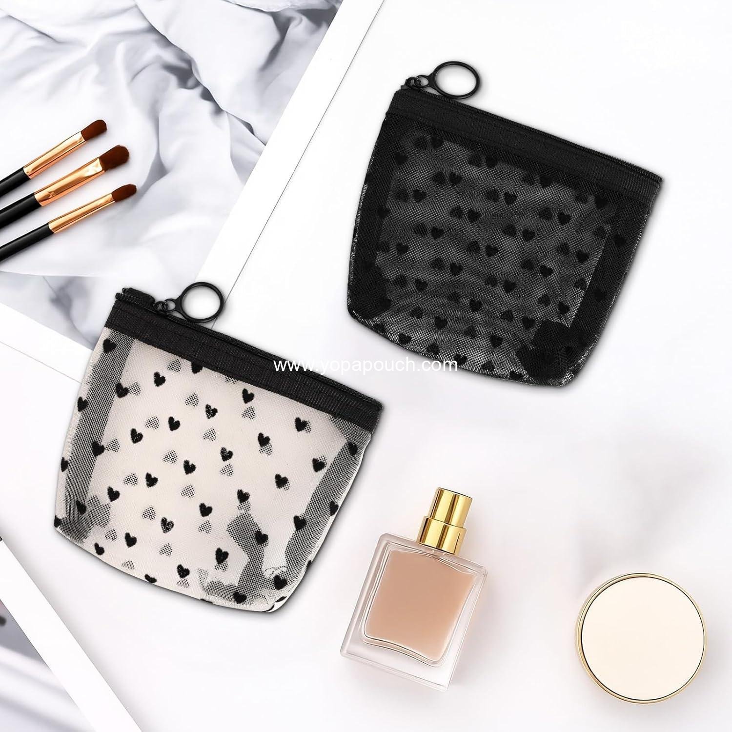 OEM 2 Pcs Mesh Makeup Bag with Zipper, Cute Heart Print Cosmetic Organizer for Women, Mini Travel Pouch (Black, White), Wholesale Supplier