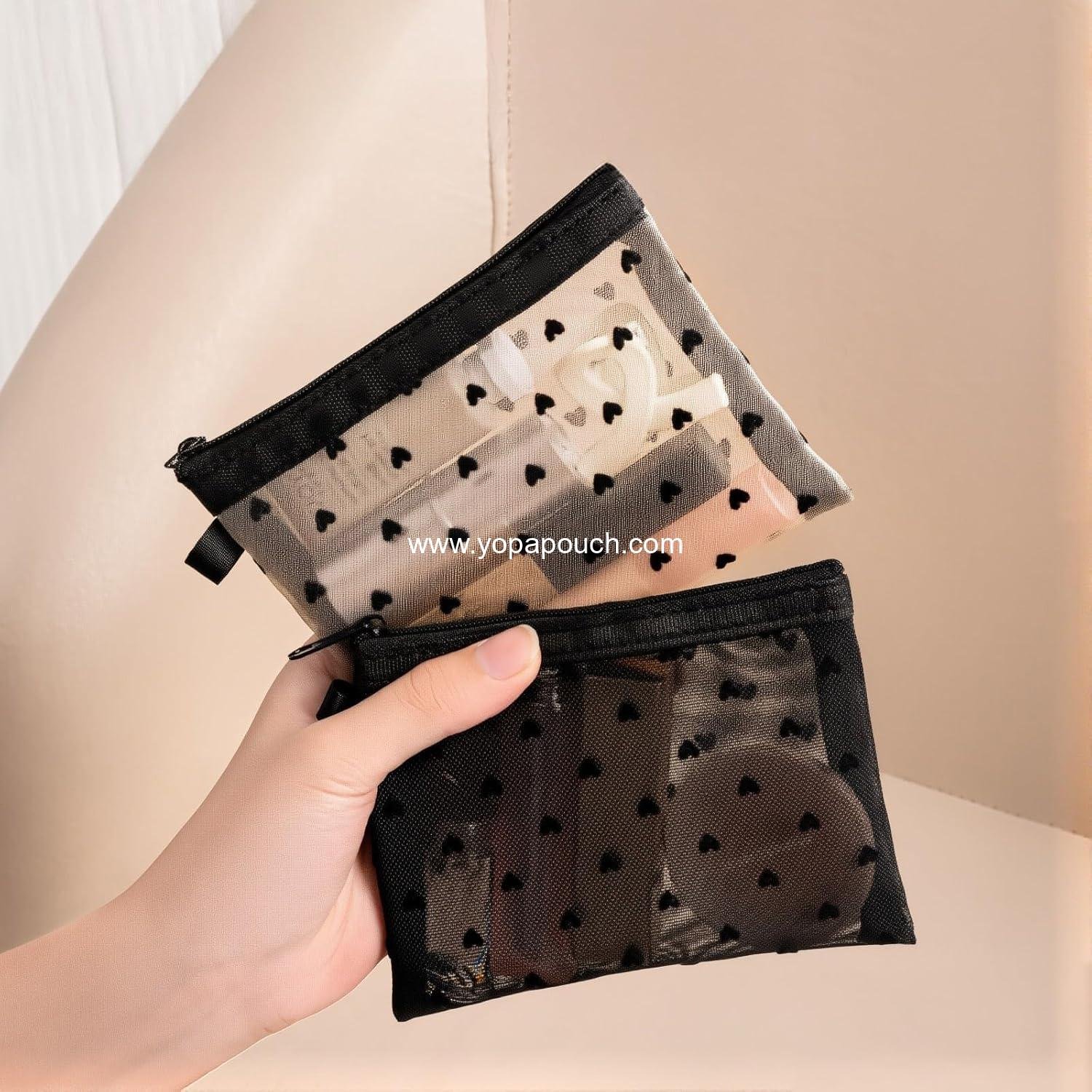 OEM 2 Pcs Mesh Makeup Bag with Zipper, Cute Heart Print Cosmetic Organizer for Women, Mini Travel Pouch (Black, White), Wholesale Supplier