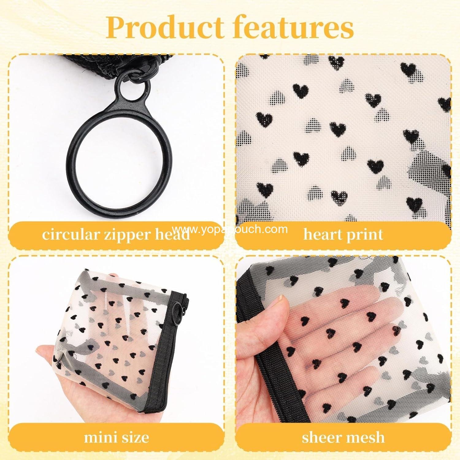 OEM 2 Pcs Mesh Makeup Bag with Zipper, Cute Heart Print Cosmetic Organizer for Women, Mini Travel Pouch (Black, White), Wholesale Supplier