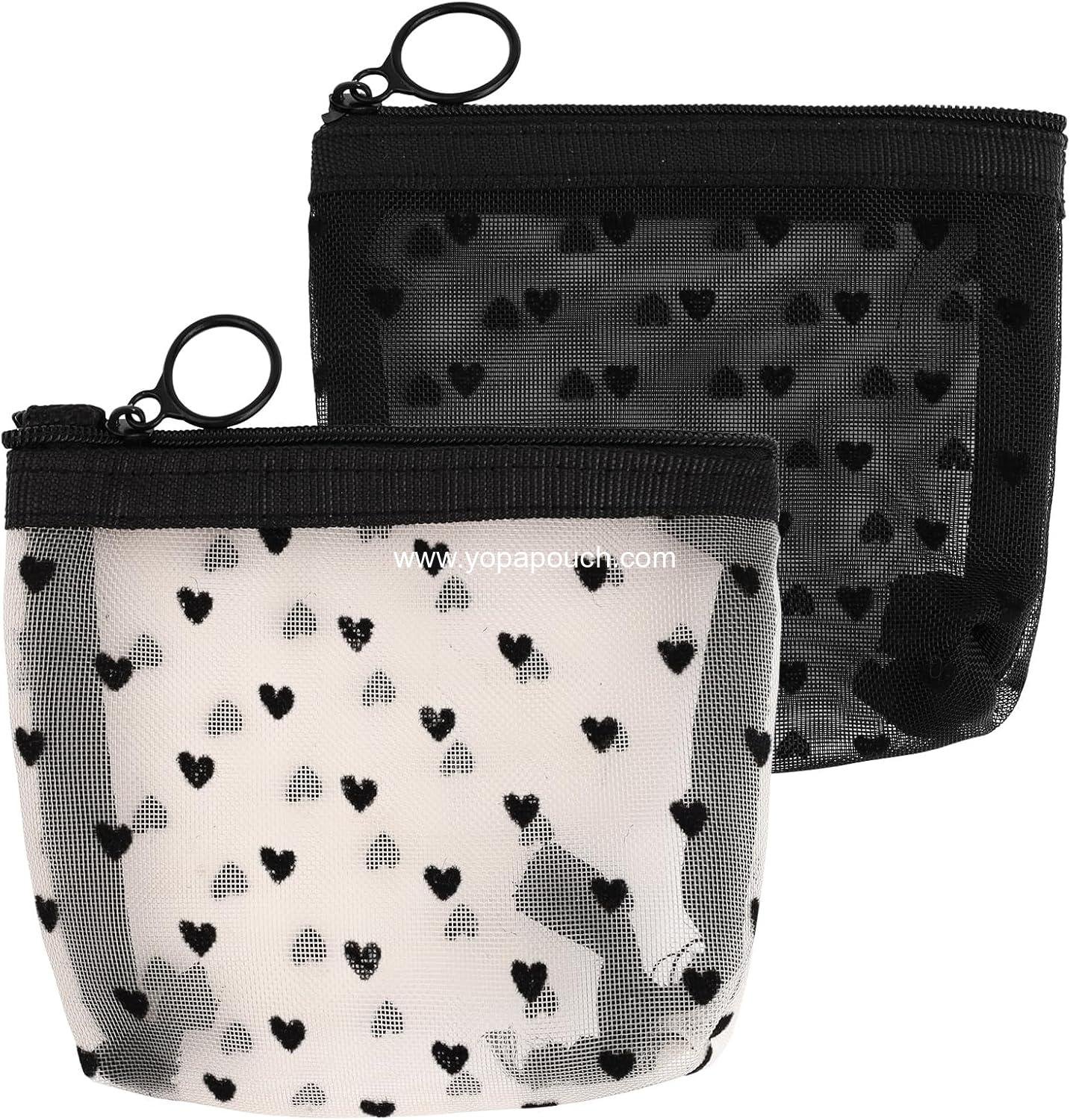 OEM 2 Pcs Mesh Makeup Bag with Zipper, Cute Heart Print Cosmetic Organizer for Women, Mini Travel Pouch (Black, White), Wholesale Supplier