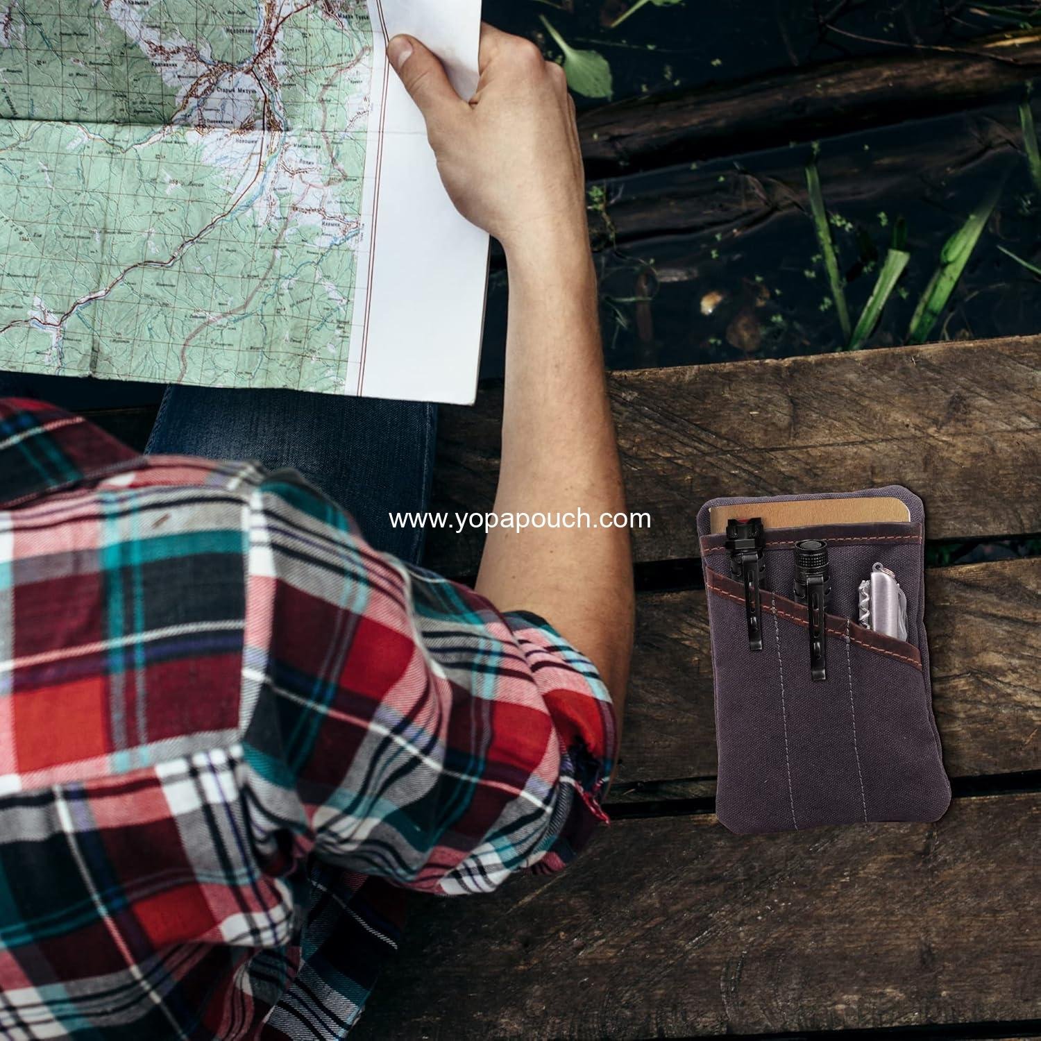 Wholesale Waxed Canvas EDC Pocket Organizer - Multi-Tool Back Pocket Pouch for Phone, Notebook, Pen & EDC Gear - Water-Repellent Leather Tool Pouch, Sizes: 6” x 4” & 7” x 5”, Supplier