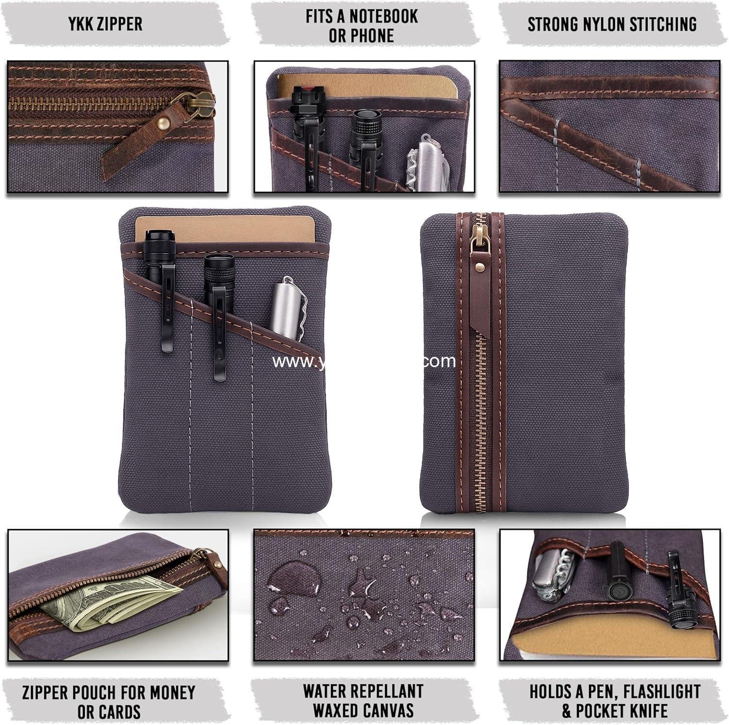 Wholesale Waxed Canvas EDC Pocket Organizer - Multi-Tool Back Pocket Pouch for Phone, Notebook, Pen & EDC Gear - Water-Repellent Leather Tool Pouch, Sizes: 6” x 4” & 7” x 5”, Supplier